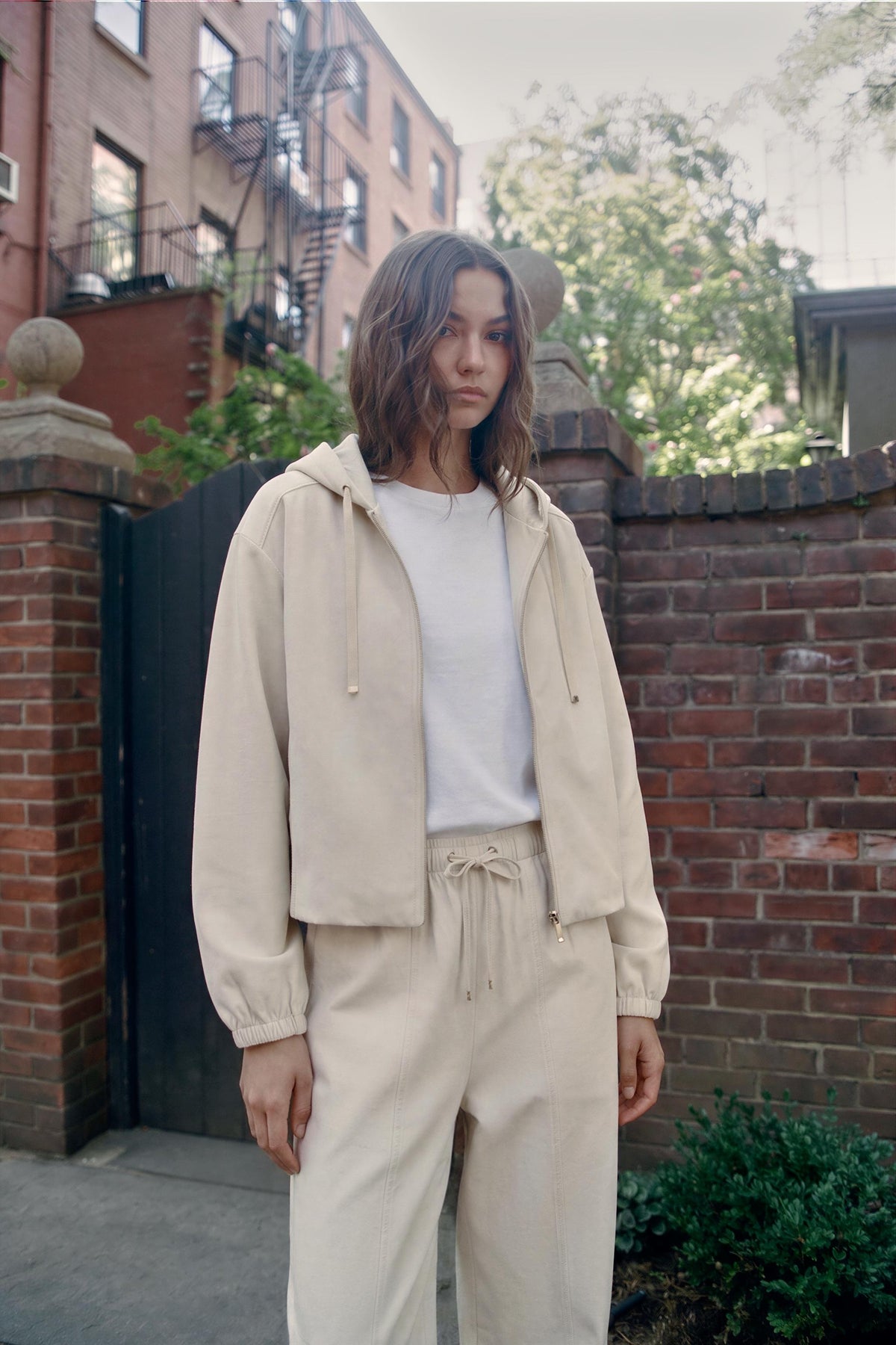 Cream Zip Hoodie & Wide-Leg Pants Set