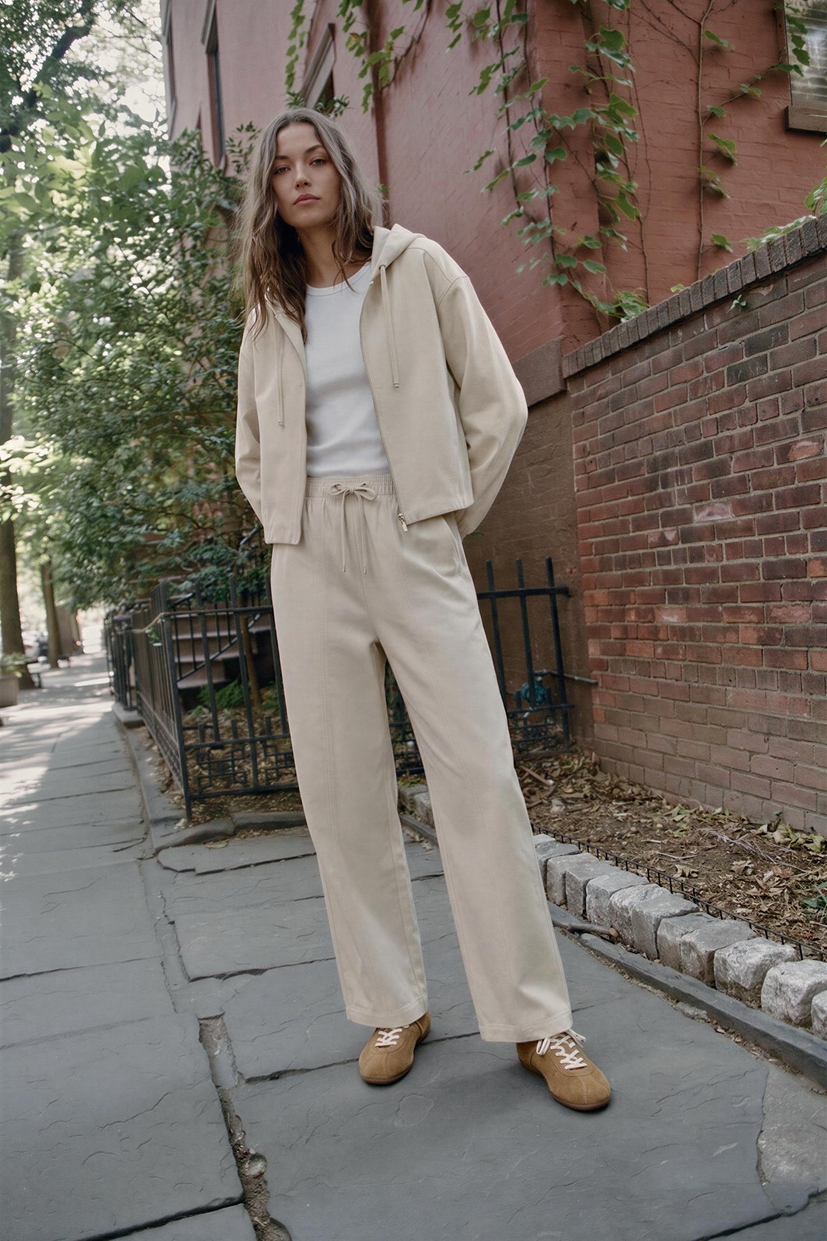 Cream Zip Hoodie & Wide-Leg Pants Set