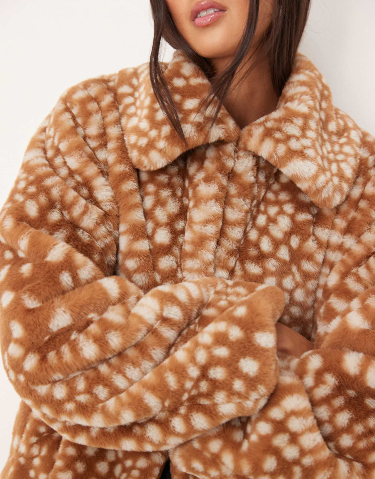 Willow Fawn Print Faux Fur Collar Jacket - Tan