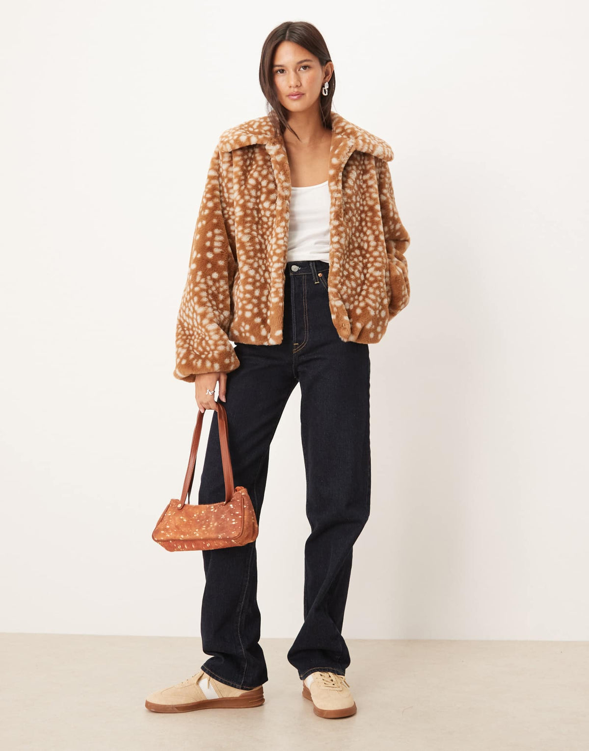 Willow Fawn Print Faux Fur Collar Jacket - Tan