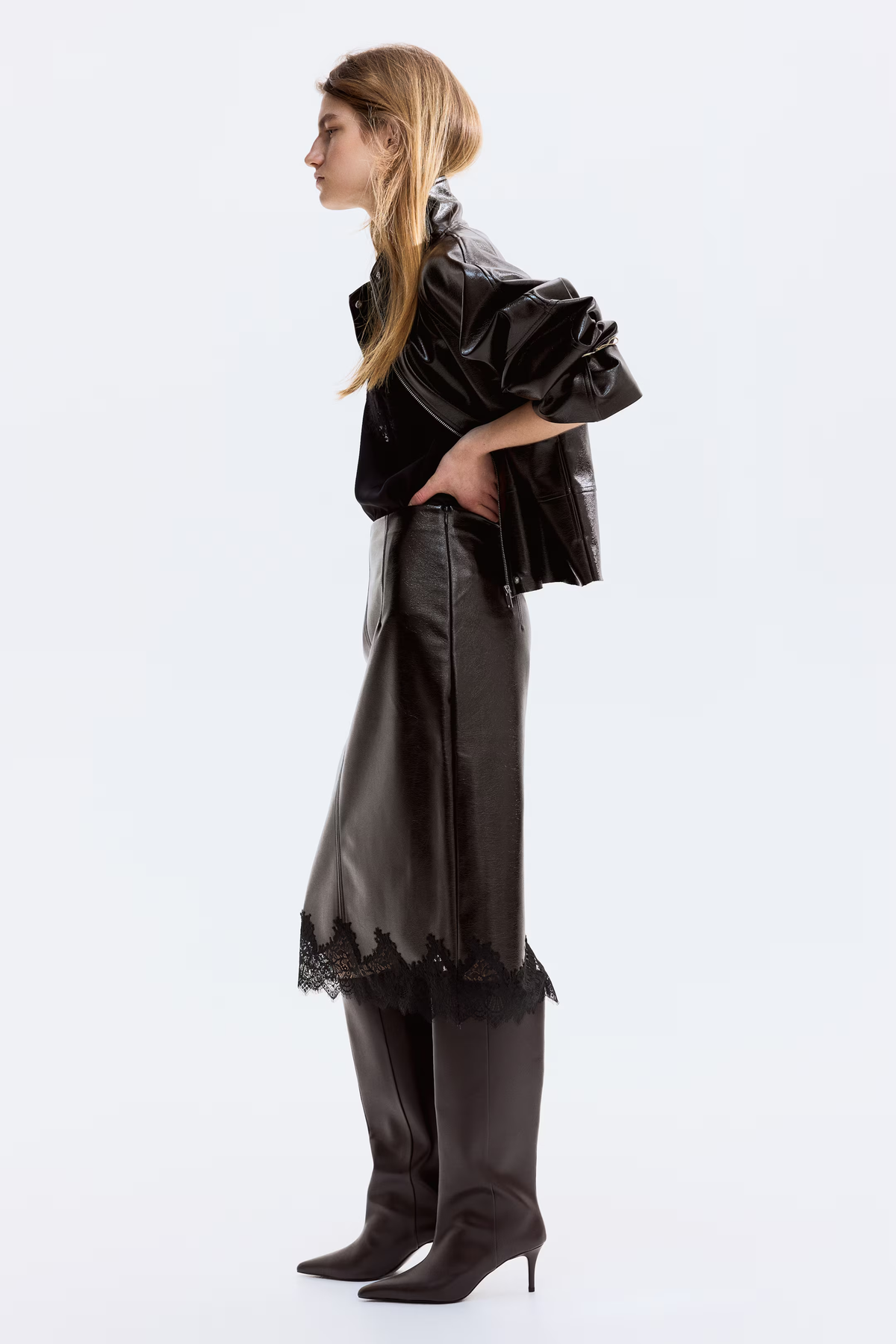 Lace Trim Faux Leather Midi Skirt