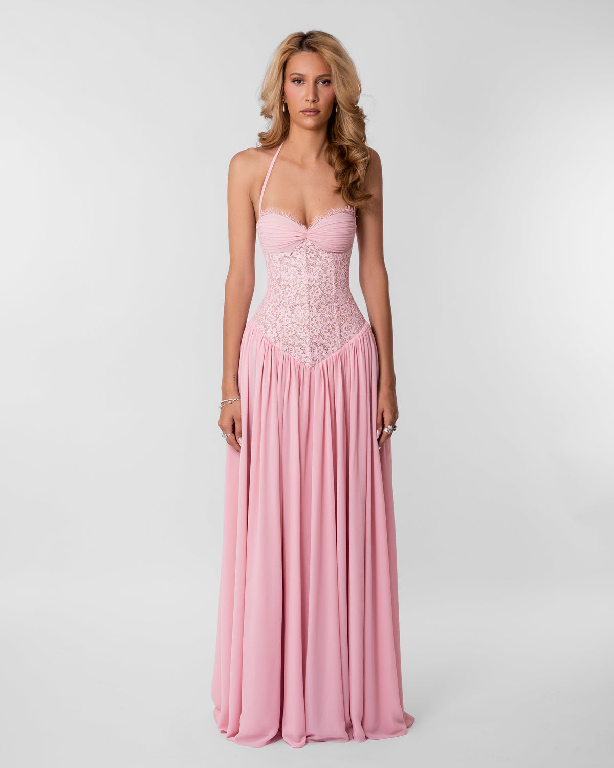Pink Lace Corset Maxi Dress