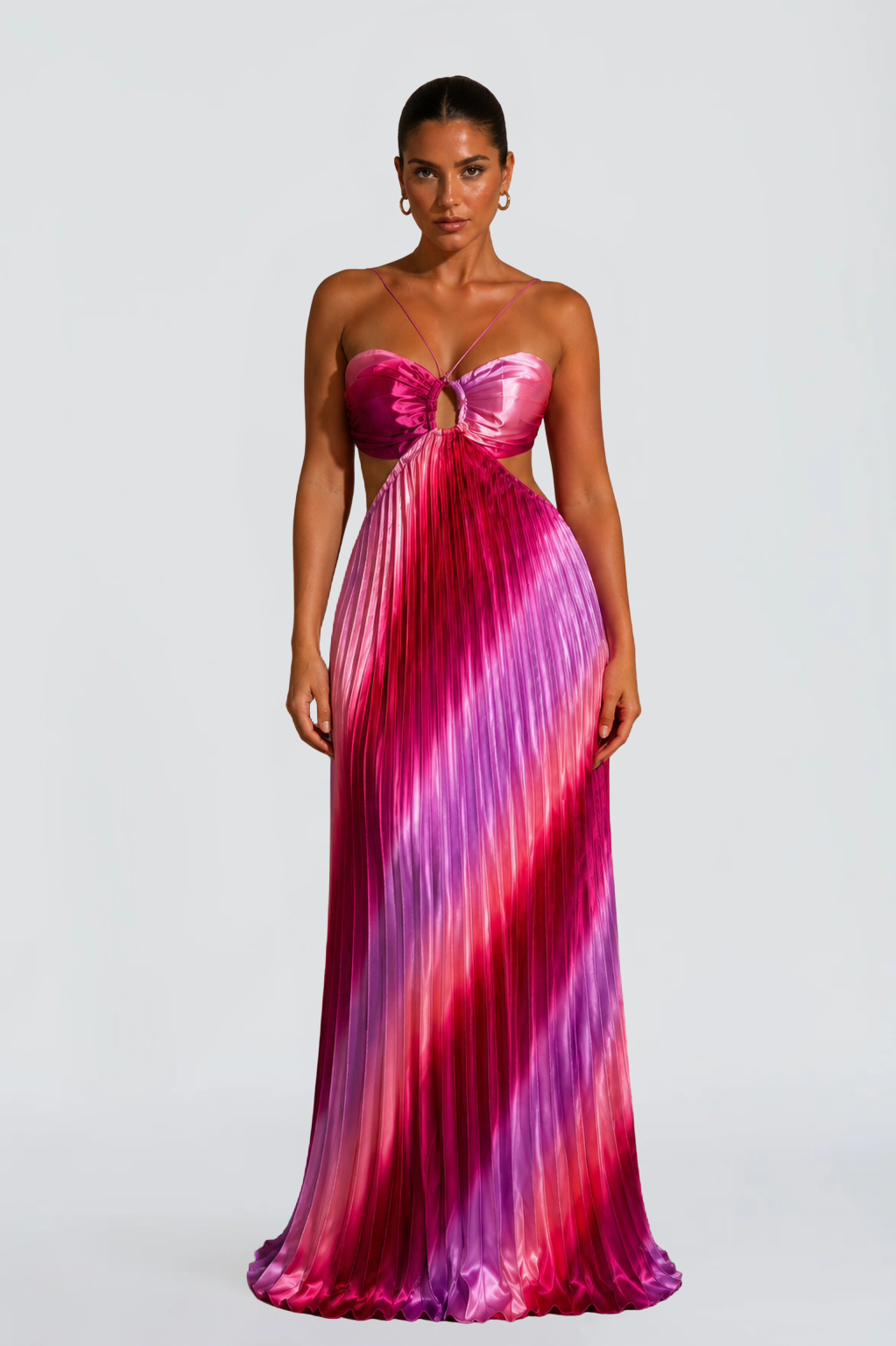 Ombre Pleated Cutout Maxi Dress