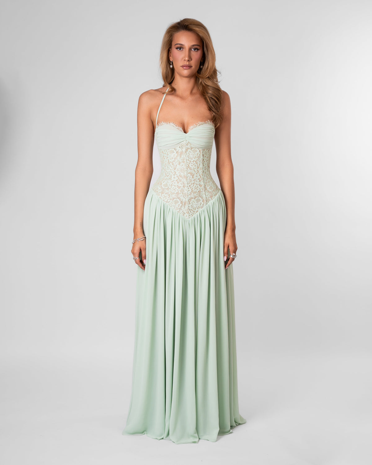 Green Lace Corset Maxi Dress