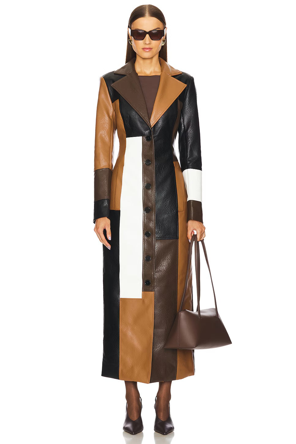 Colorblock Faux Leather Maxi Coat