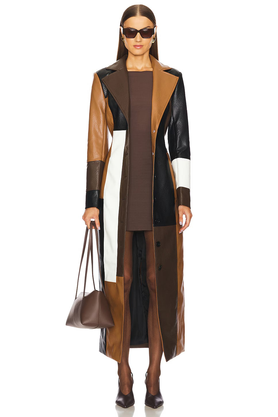 Colorblock Faux Leather Maxi Coat