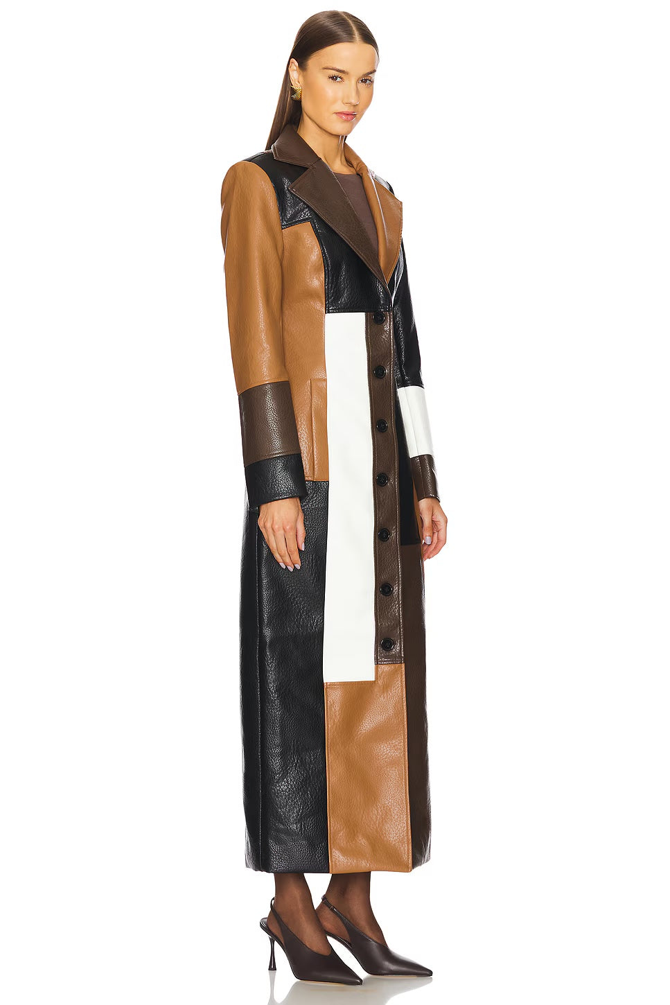 Colorblock Faux Leather Maxi Coat