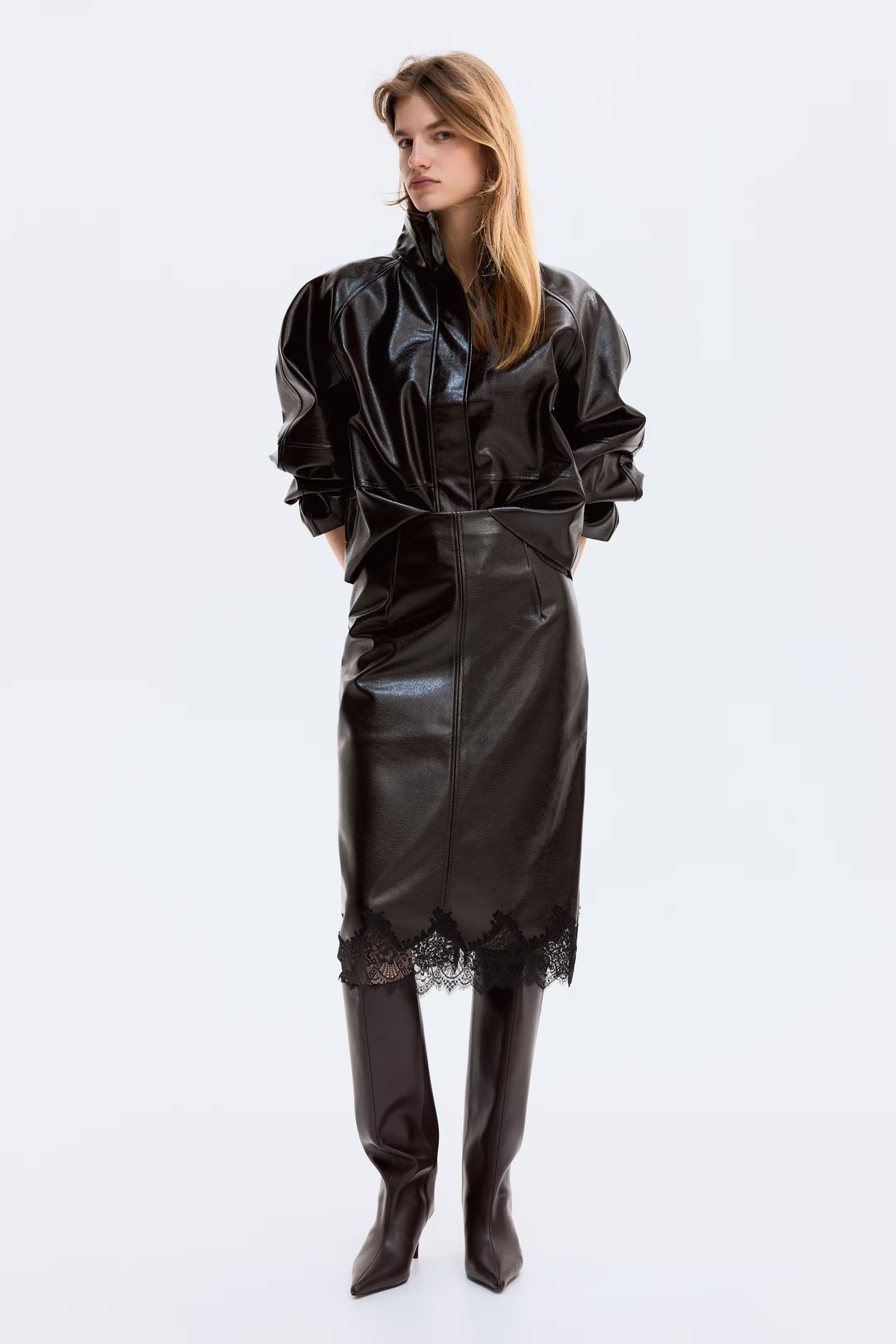 Lace Trim Faux Leather Midi Skirt