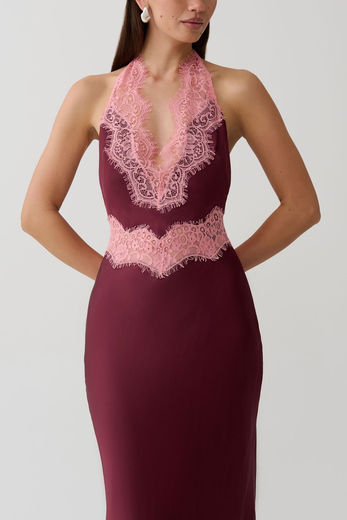 Adele Satin Lace Halter Maxi Dress - Burgundy
