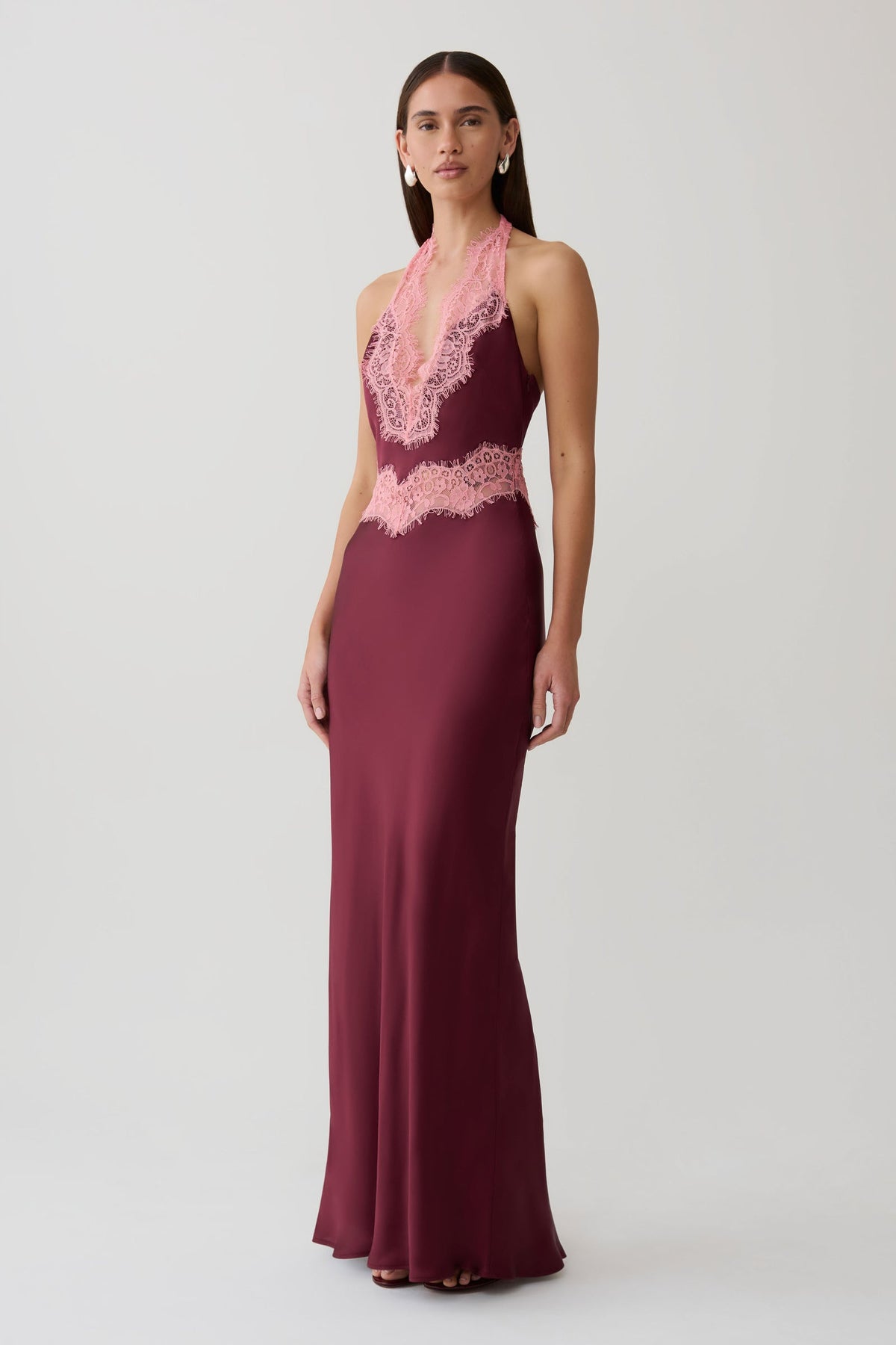 Adele Satin Lace Halter Maxi Dress - Burgundy