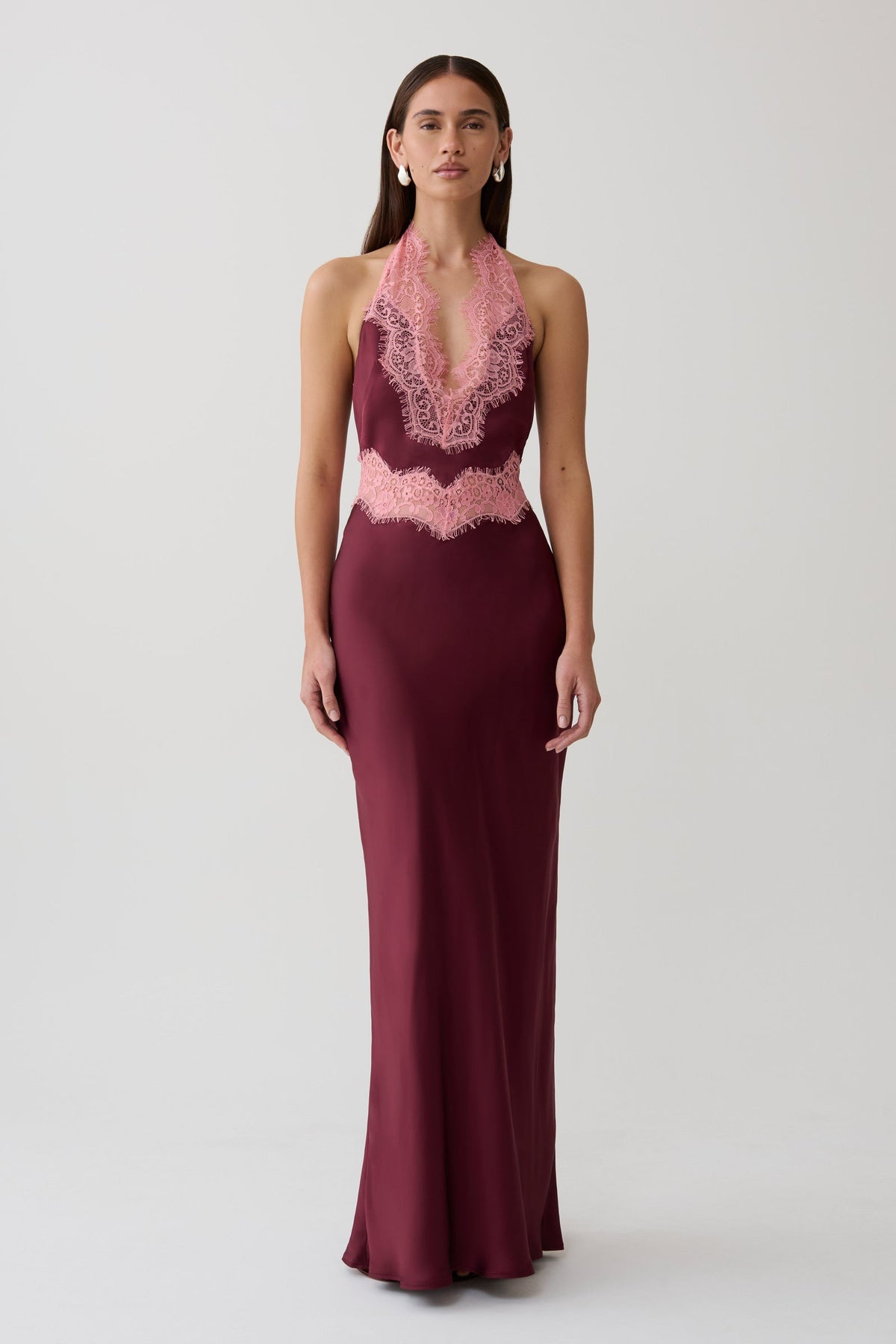 Adele Satin Lace Halter Maxi Dress - Burgundy