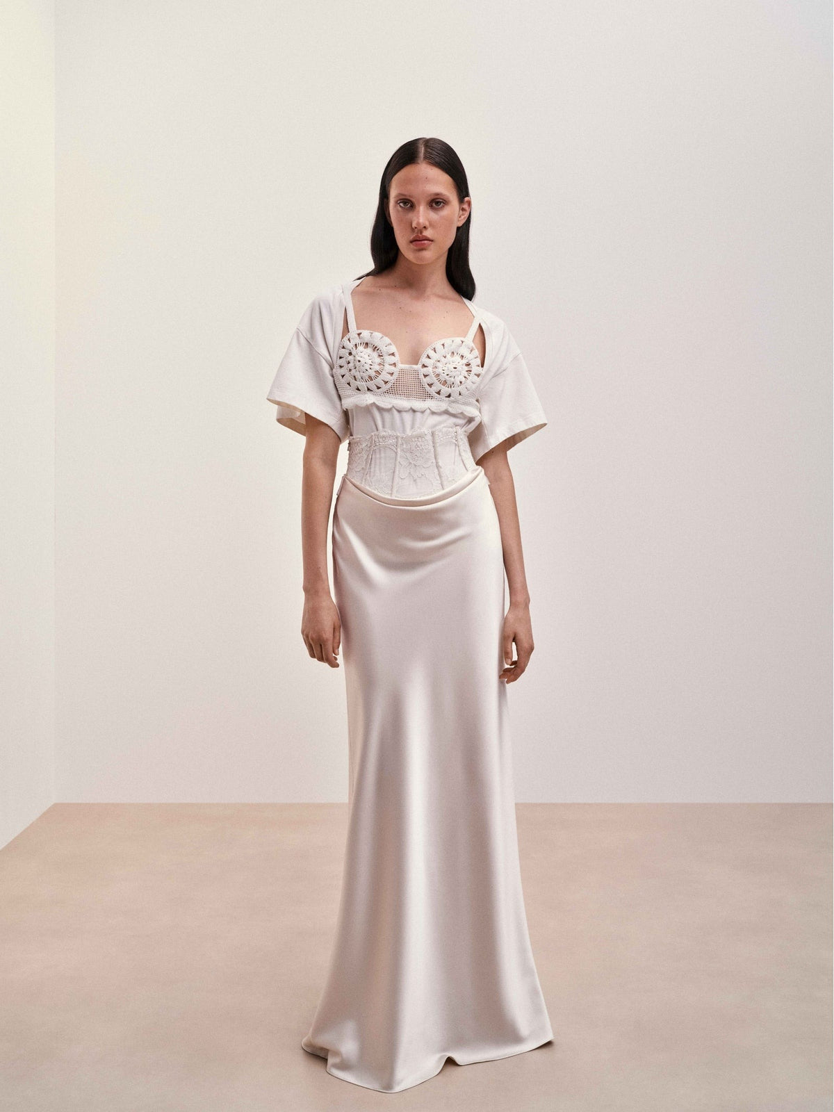 Aurora Lace Waist Satin Maxi Skirt - Ecru