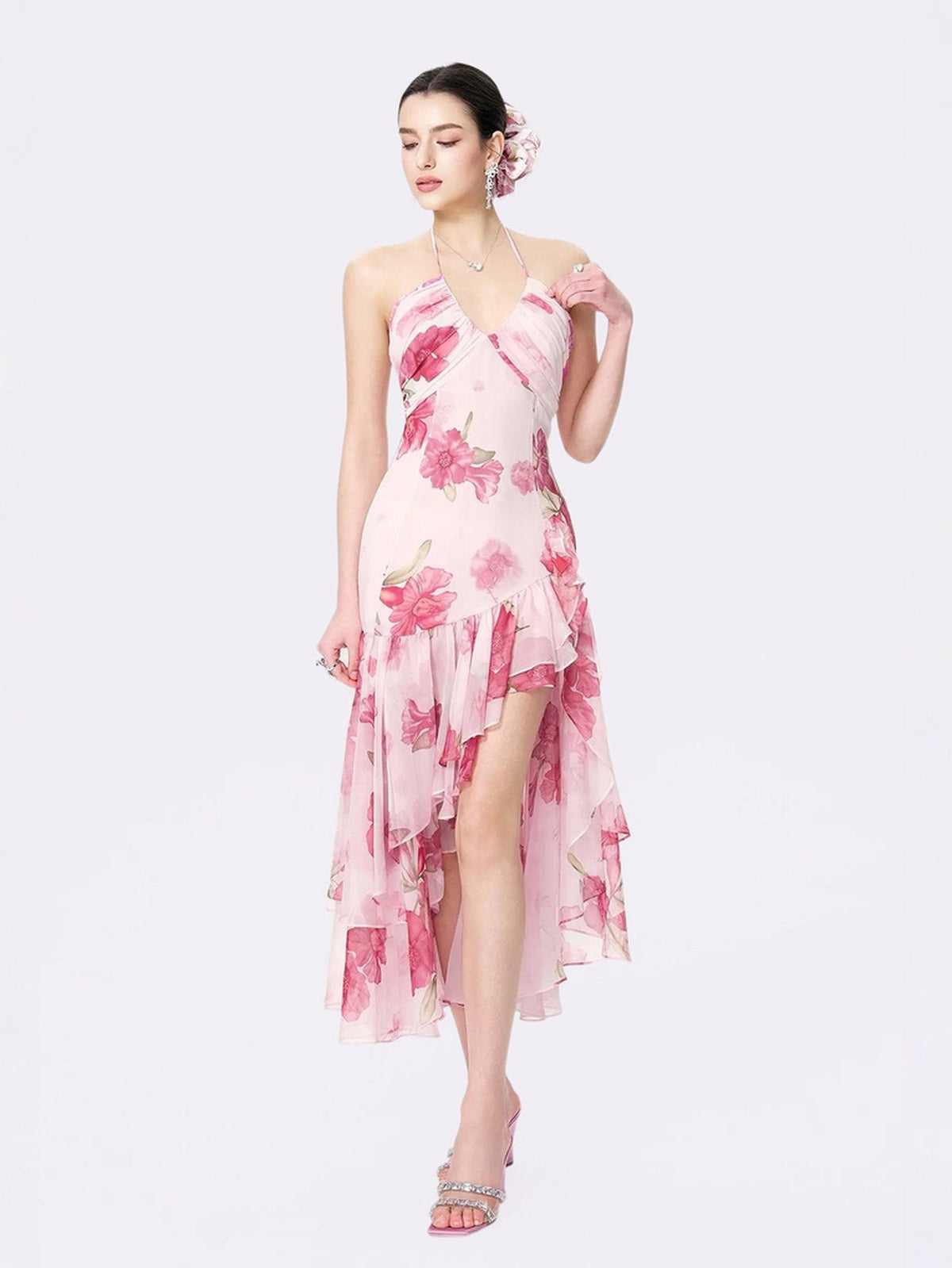Camille Floral Ruffle Halter Midi Dress - Pink