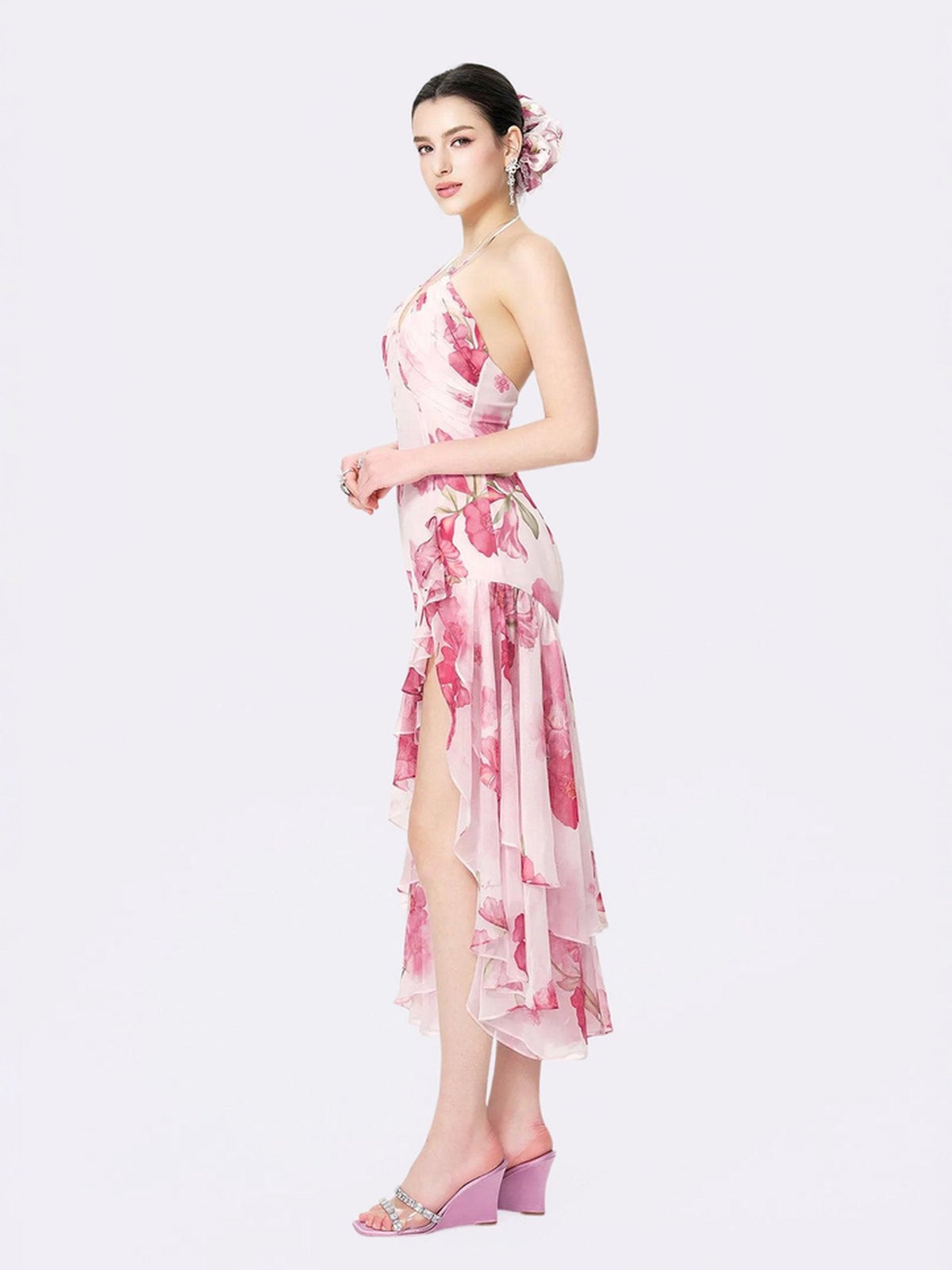 Camille Floral Ruffle Halter Midi Dress - Pink