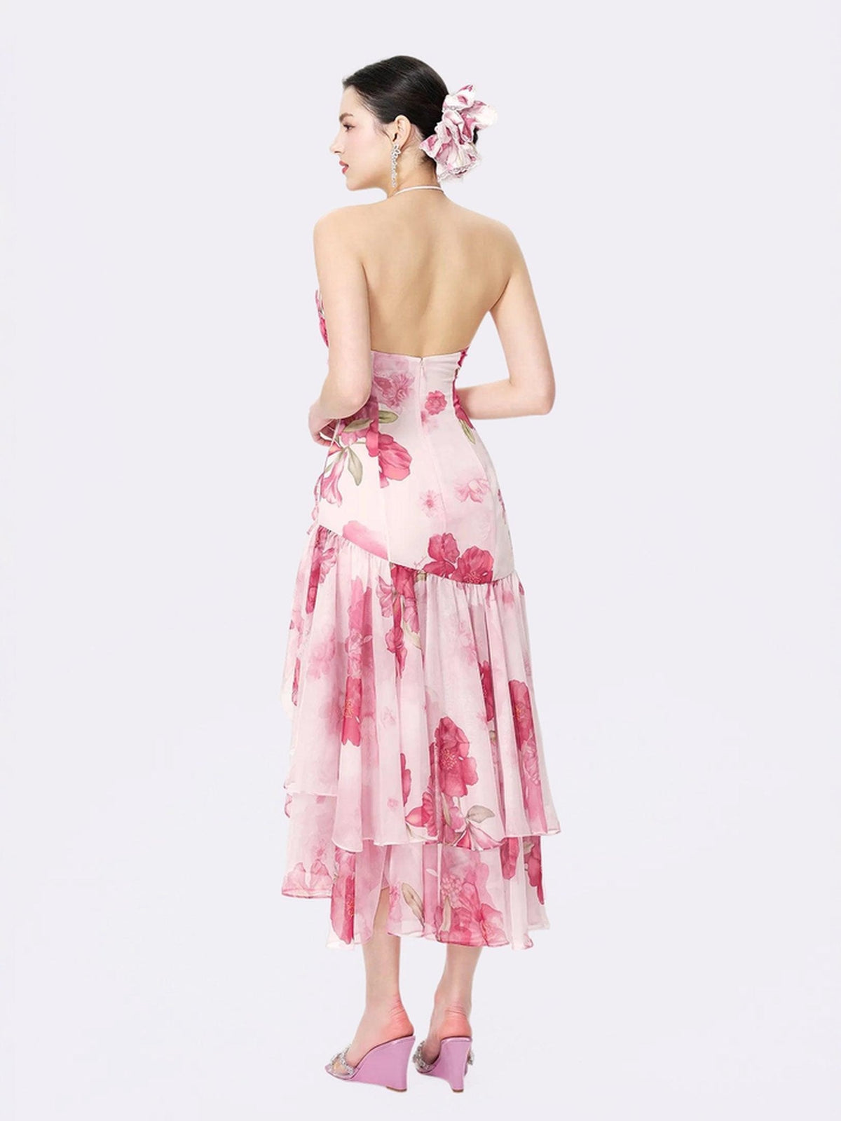 Camille Floral Ruffle Halter Midi Dress - Pink