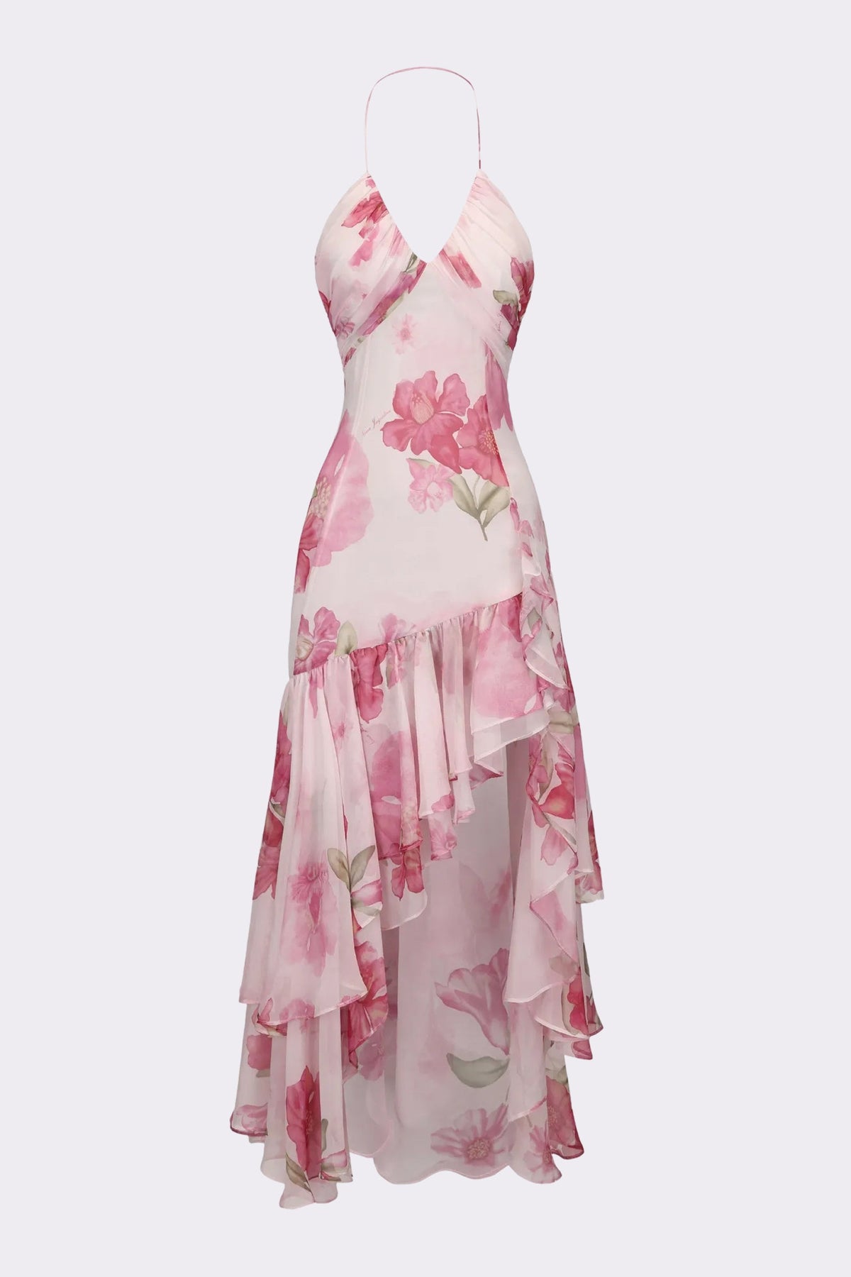 Camille Floral Ruffle Halter Midi Dress - Pink