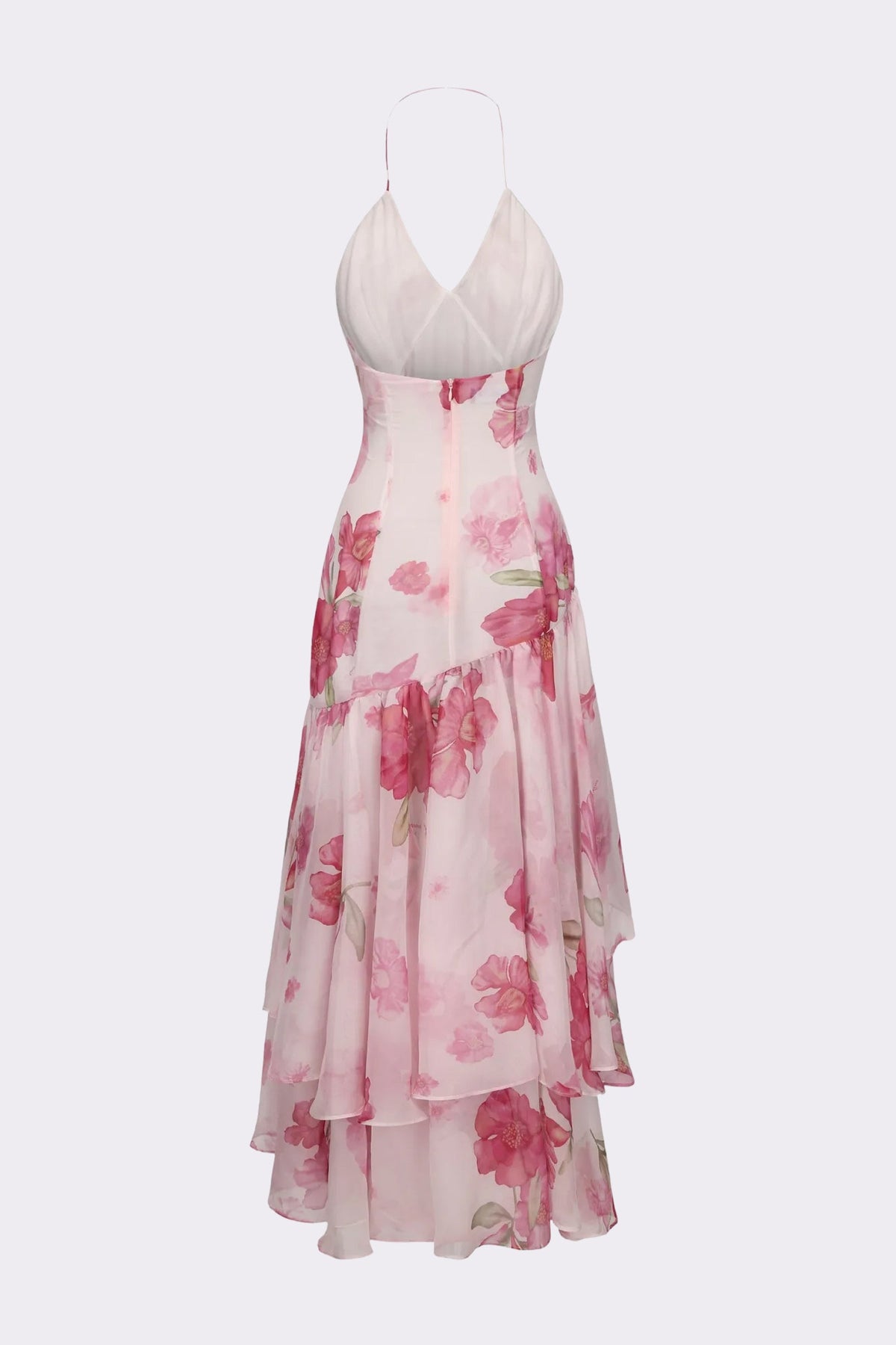 Camille Floral Ruffle Halter Midi Dress - Pink