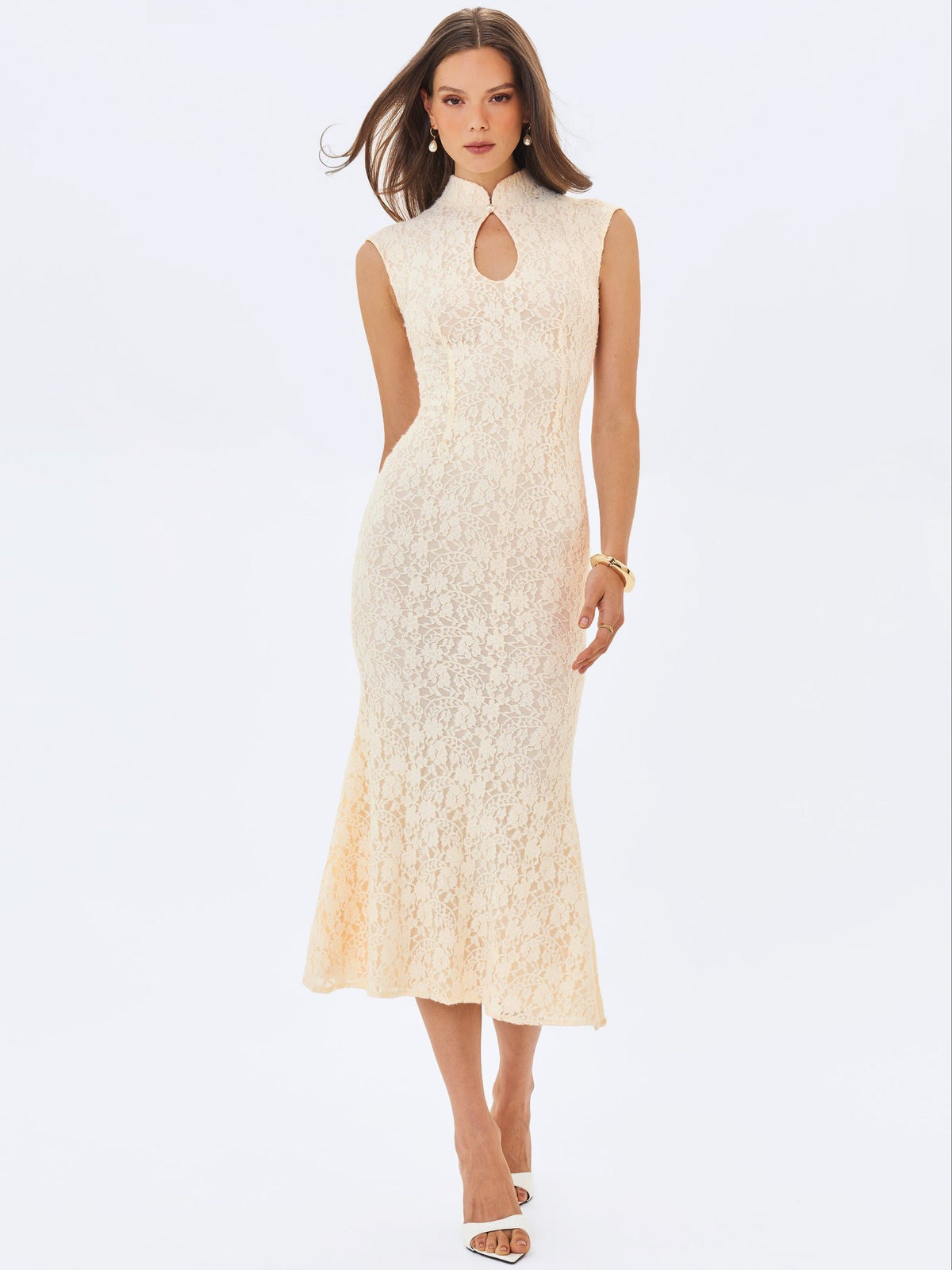 Celeste Lace Keyhole Mermaid Midi Dress - Cream