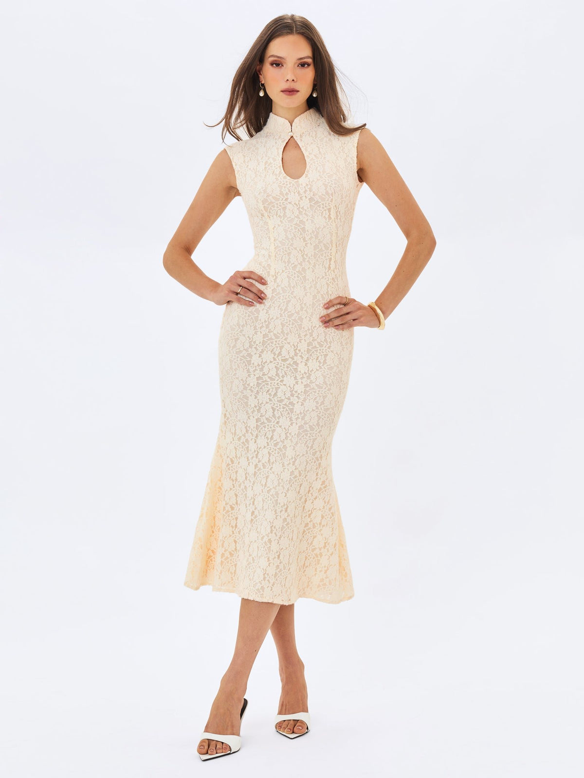 Celeste Lace Keyhole Mermaid Midi Dress - Cream