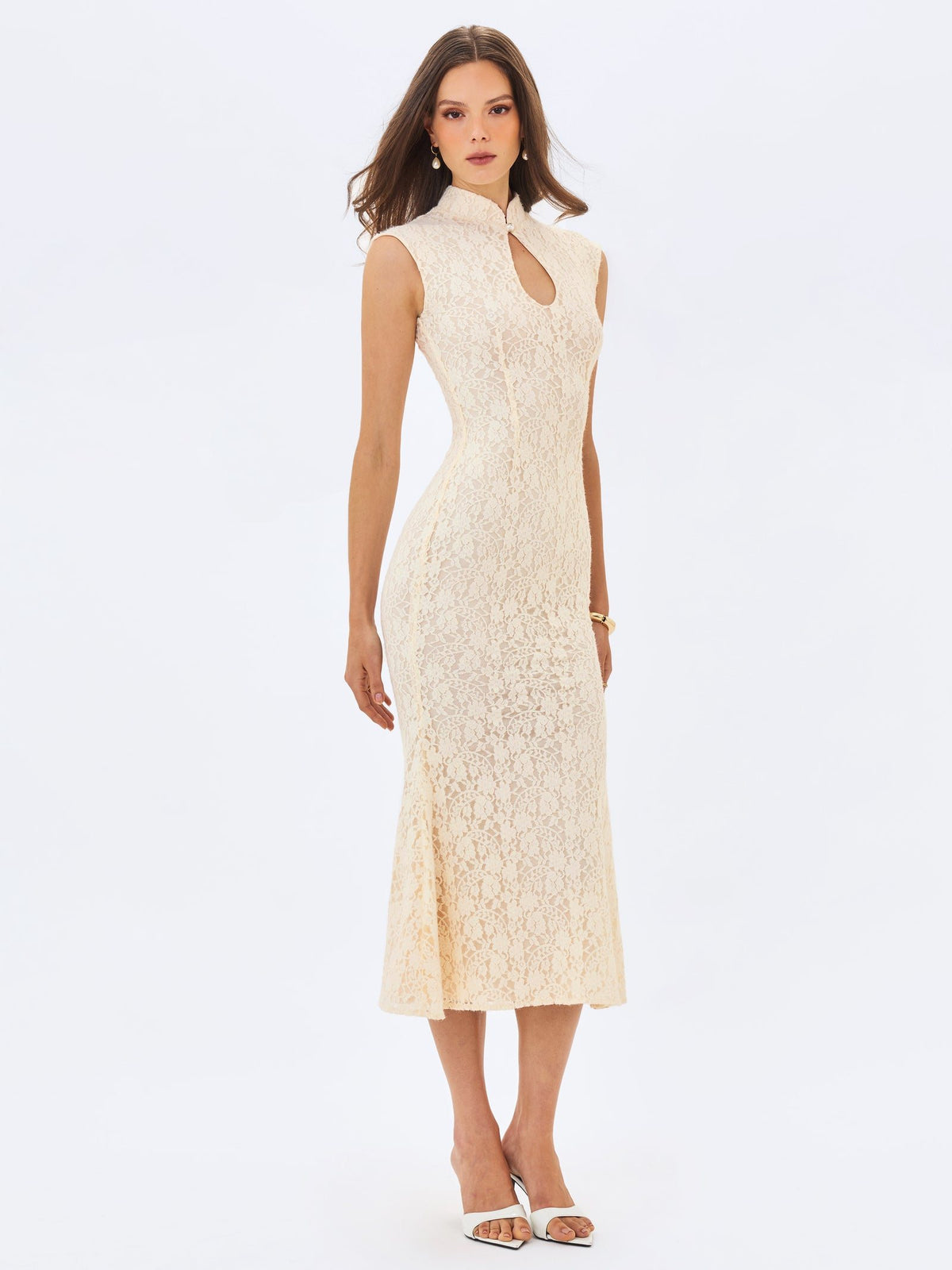 Celeste Lace Keyhole Mermaid Midi Dress - Cream