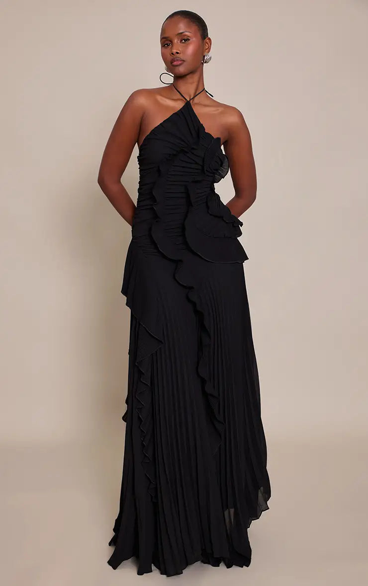 Pleated Chiffon Ruffle Halter Maxi Dress