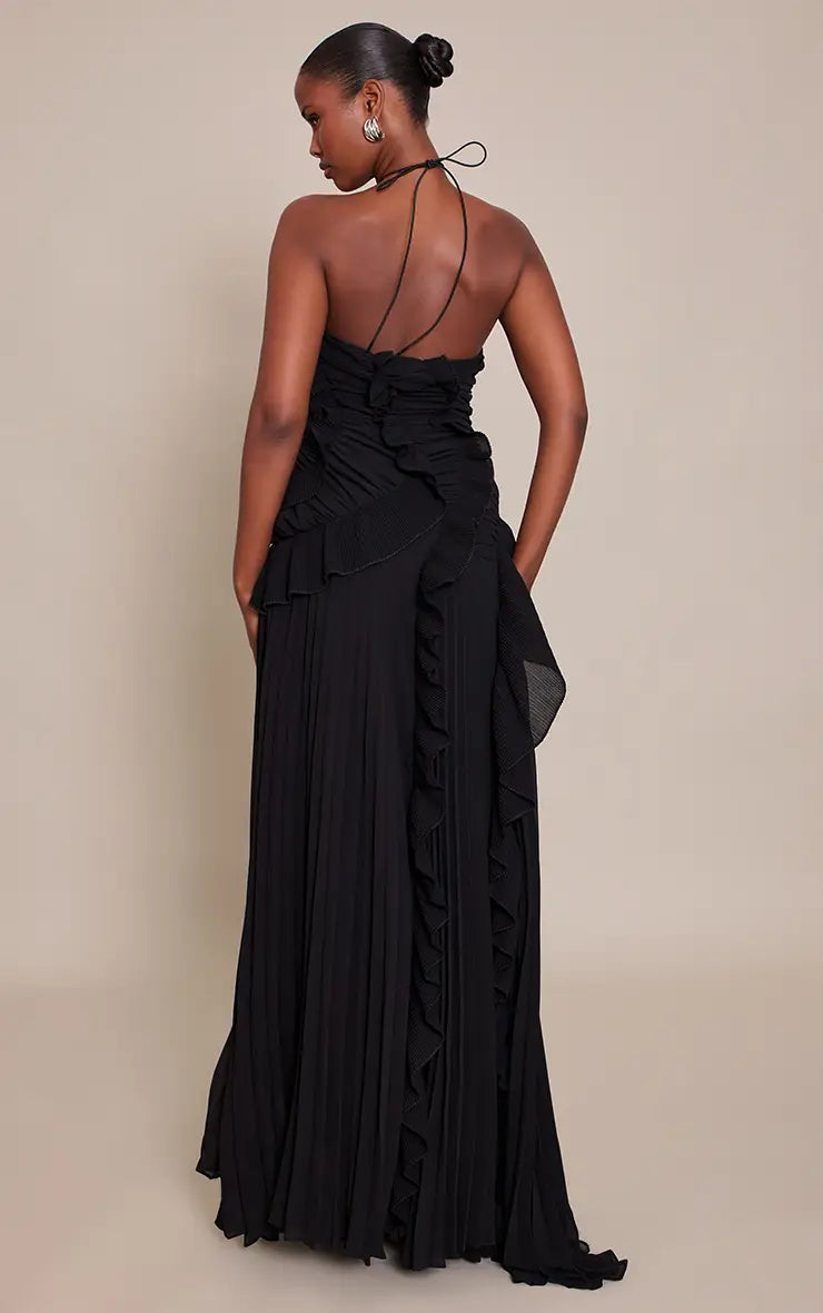 Pleated Chiffon Ruffle Halter Maxi Dress