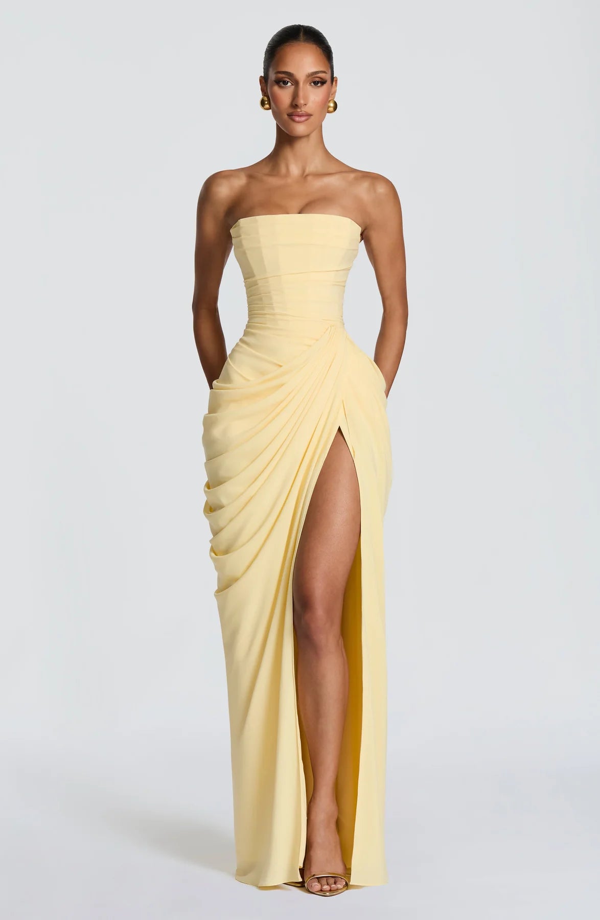 Strapless Draped Corset Maxi Dress