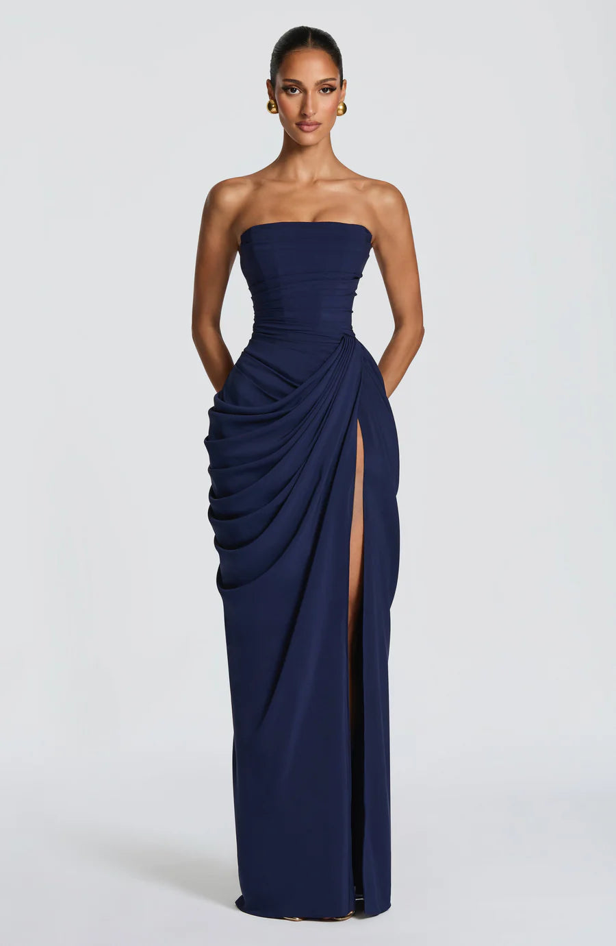 Strapless Draped Corset Maxi Dress
