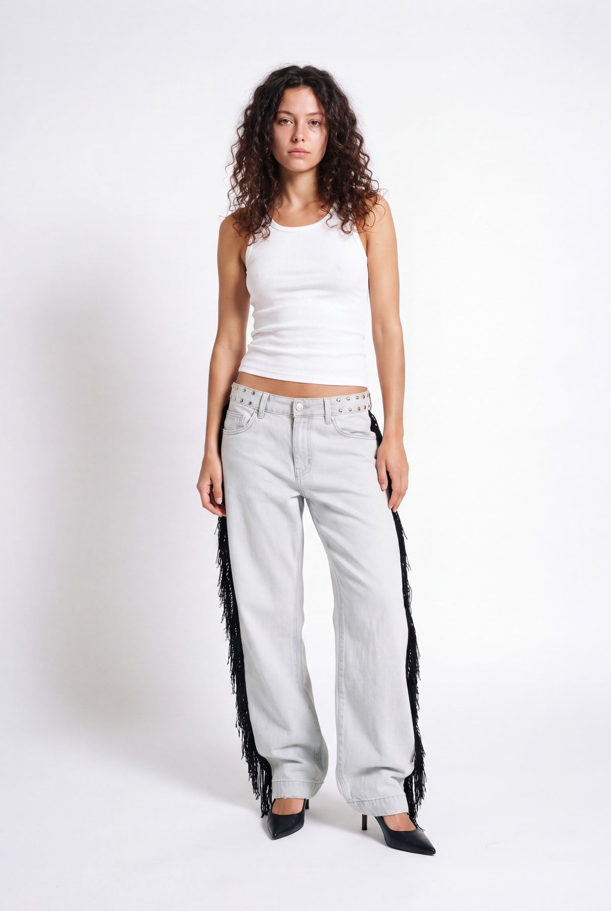 Rory Fringe Studded Straight Jeans - Ice Grey