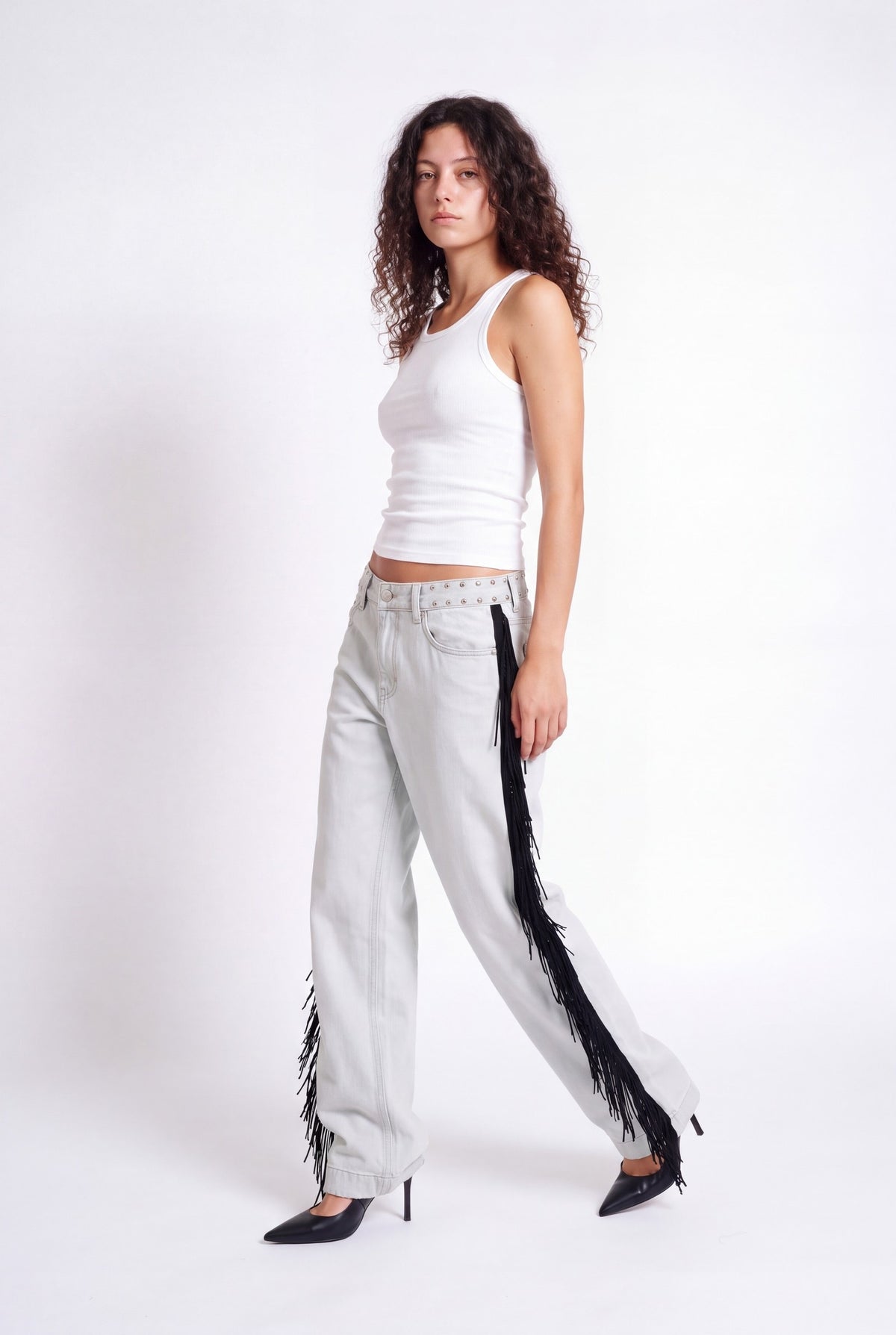 Rory Fringe Studded Straight Jeans - Ice Grey