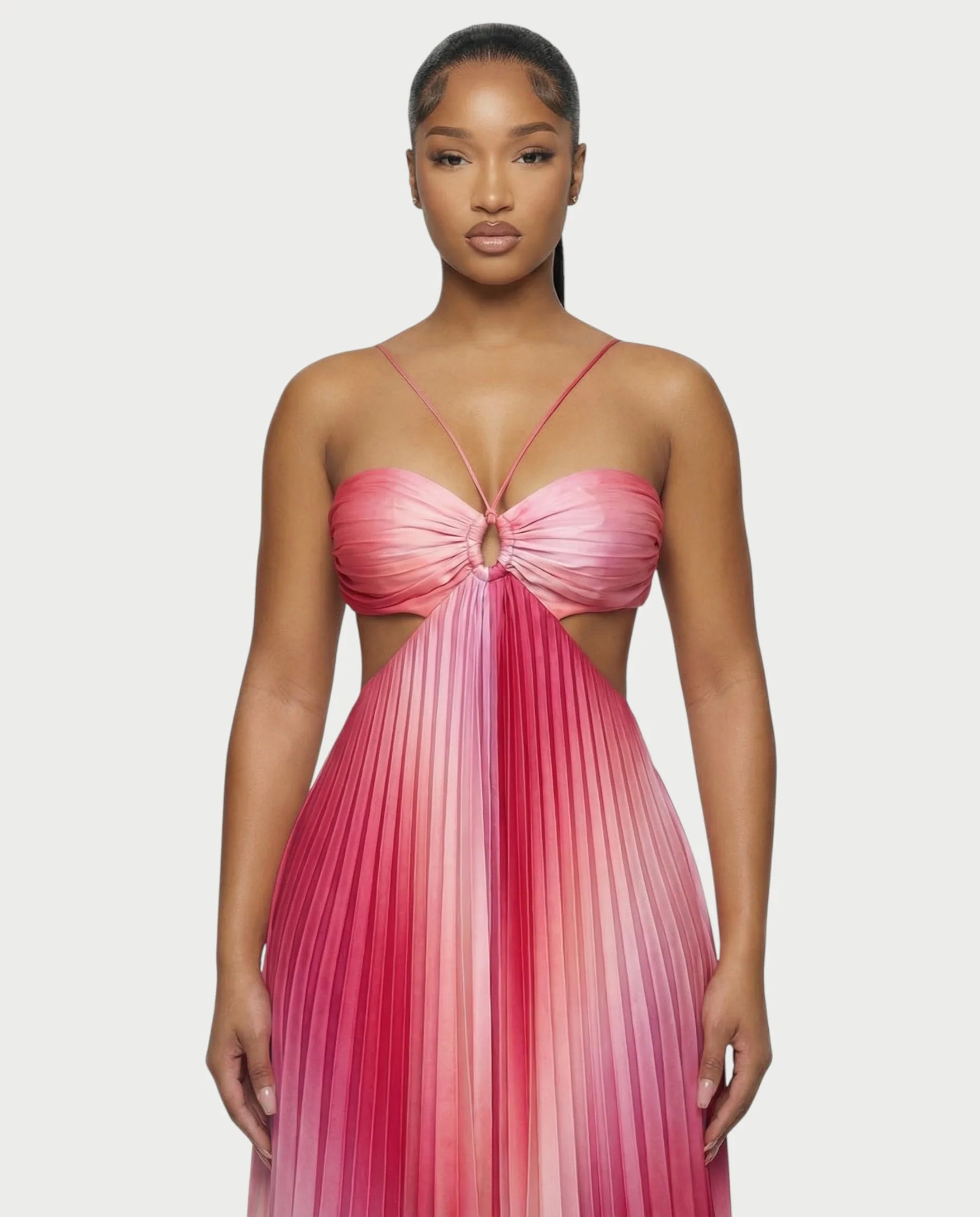 Ombre Pleated Cutout Maxi Dress
