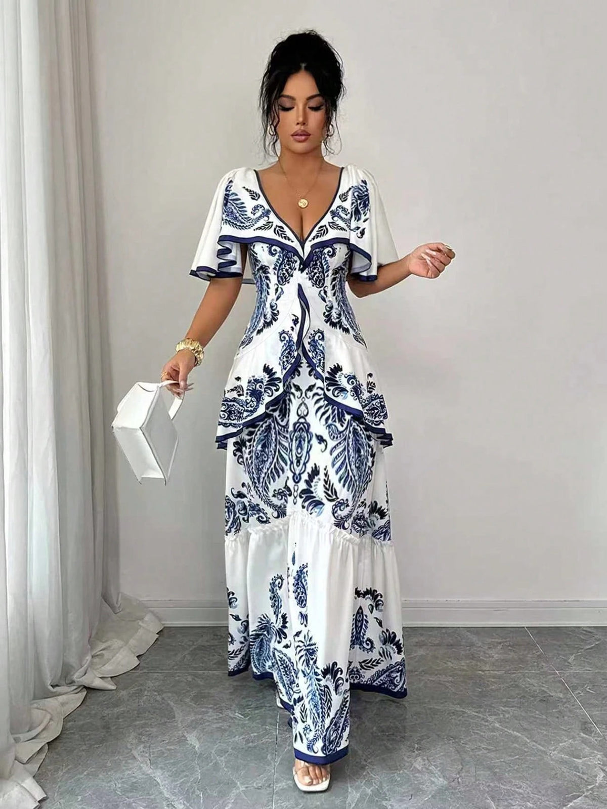 Elena Blue Floral Tiered Ruffle Maxi Dress - Blue White