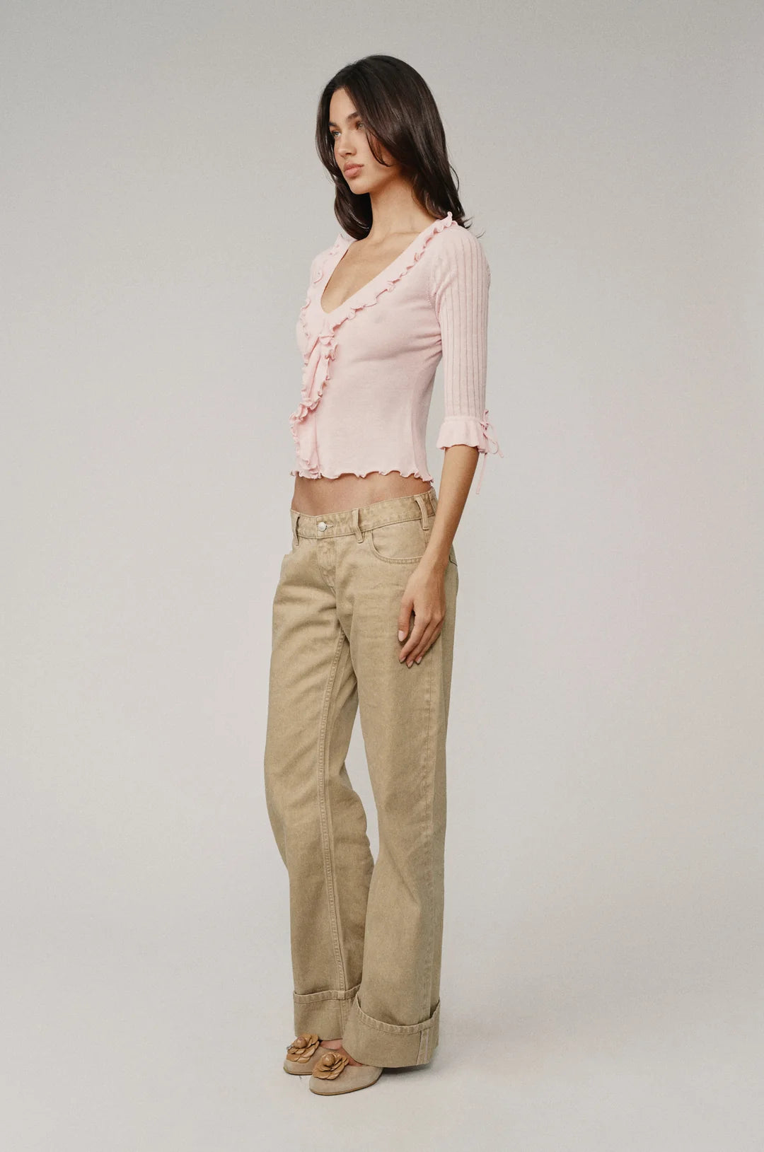 Ruffle Trim Ribbed Knit Top