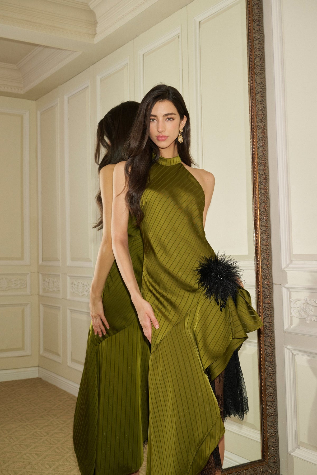 Ines Pinstripe Feather Asymmetric Dress - Olive
