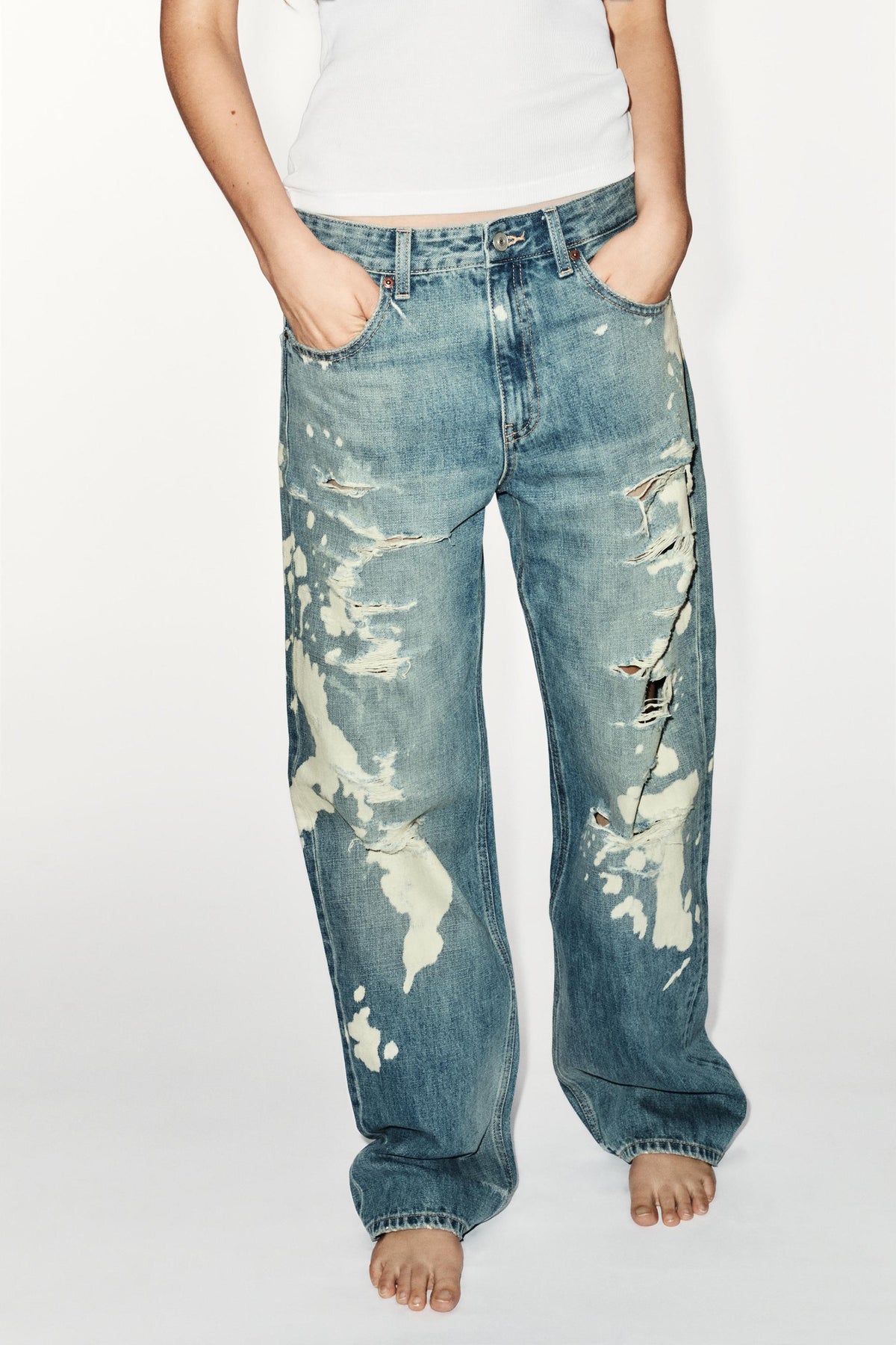 Kenzie Bleach Splatter Boyfriend Jeans - Light Blue
