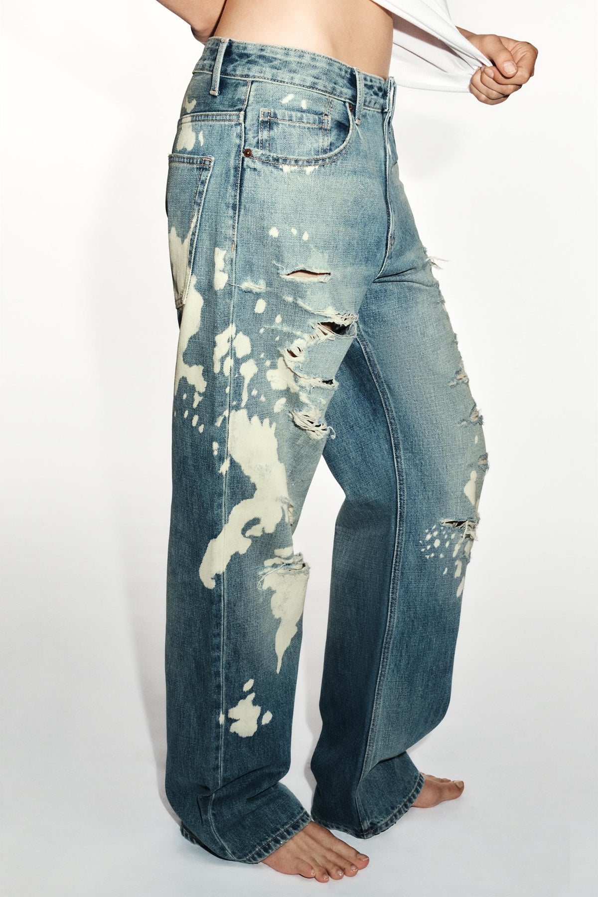 Kenzie Bleach Splatter Boyfriend Jeans - Light Blue