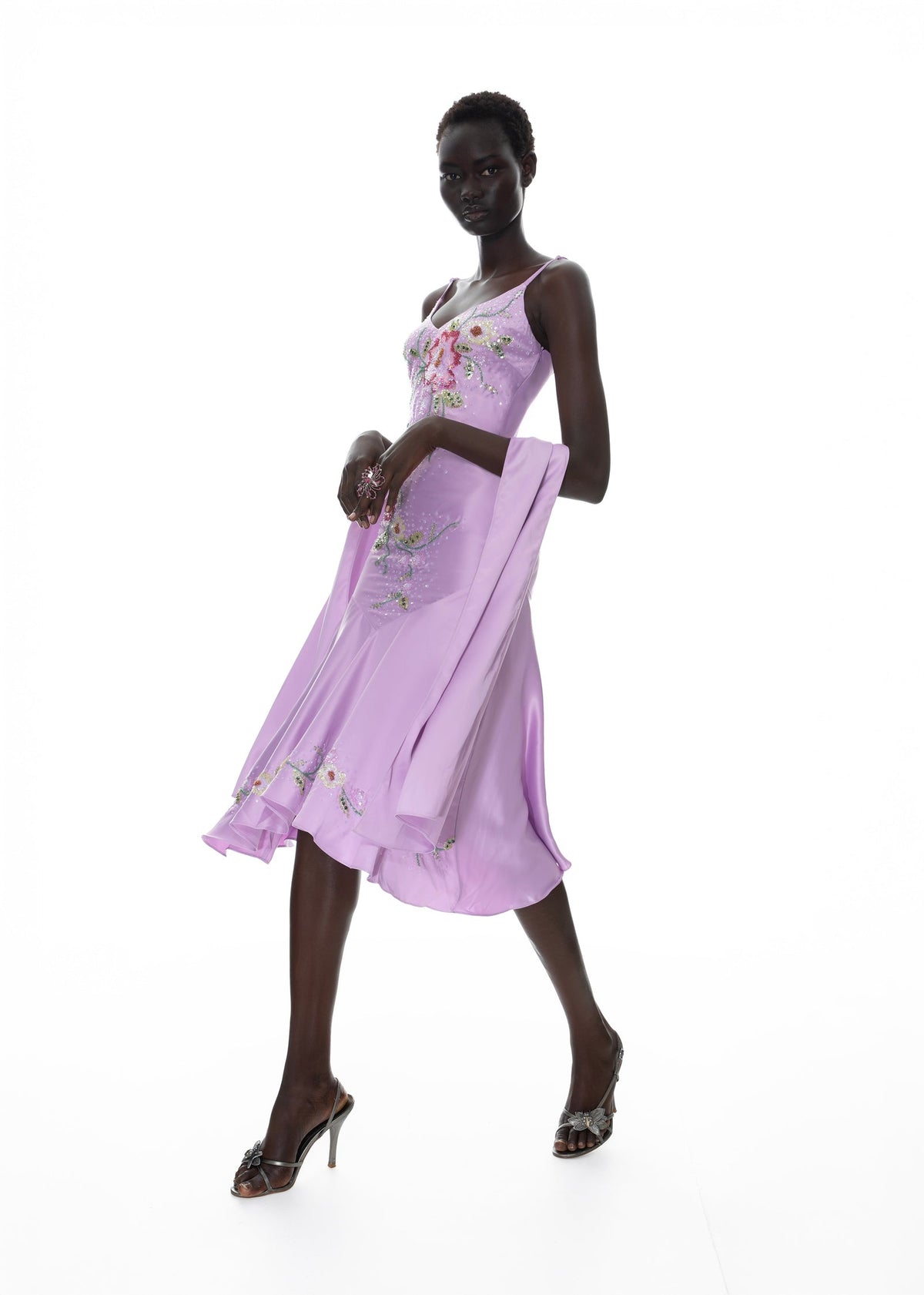 Lila Beaded Floral Satin Midi Dress - Lavender