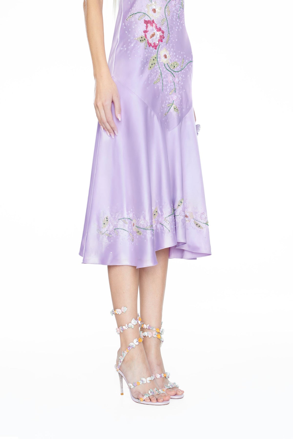 Lila Beaded Floral Satin Midi Dress - Lavender