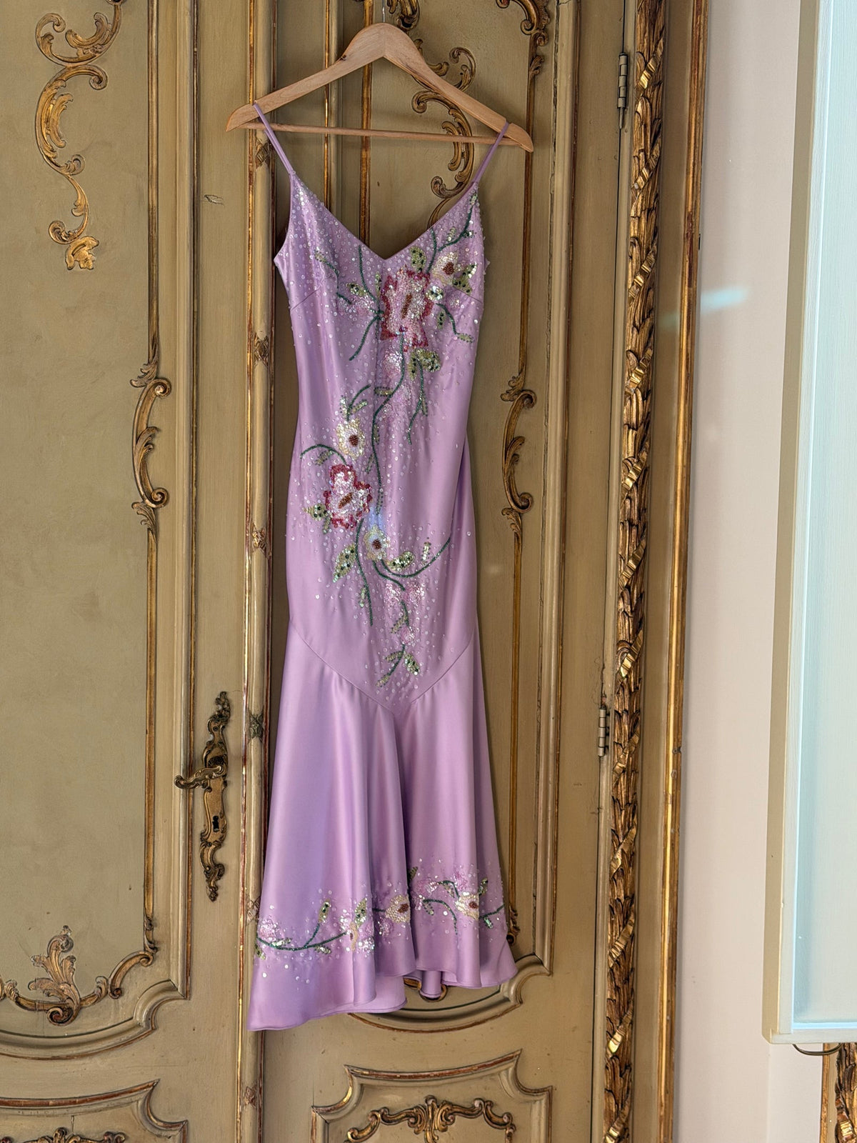 Lila Beaded Floral Satin Midi Dress - Lavender
