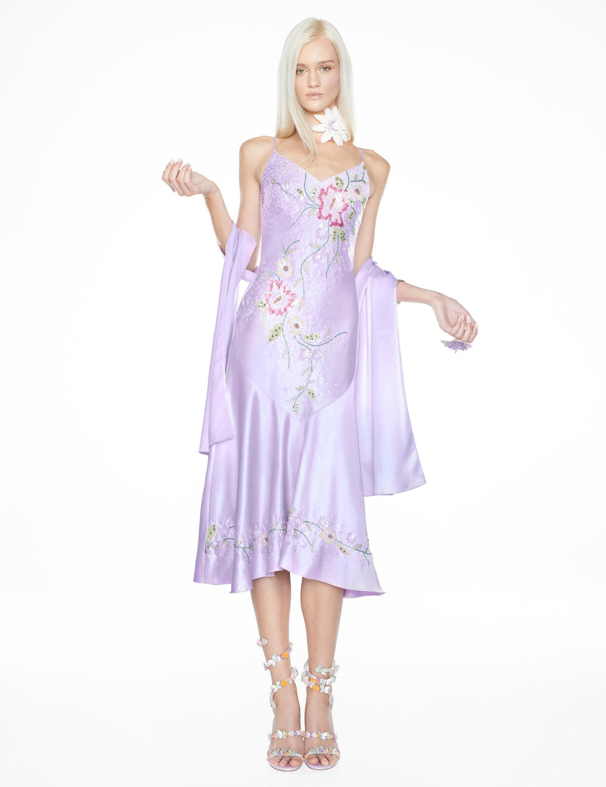 Lila Beaded Floral Satin Midi Dress - Lavender