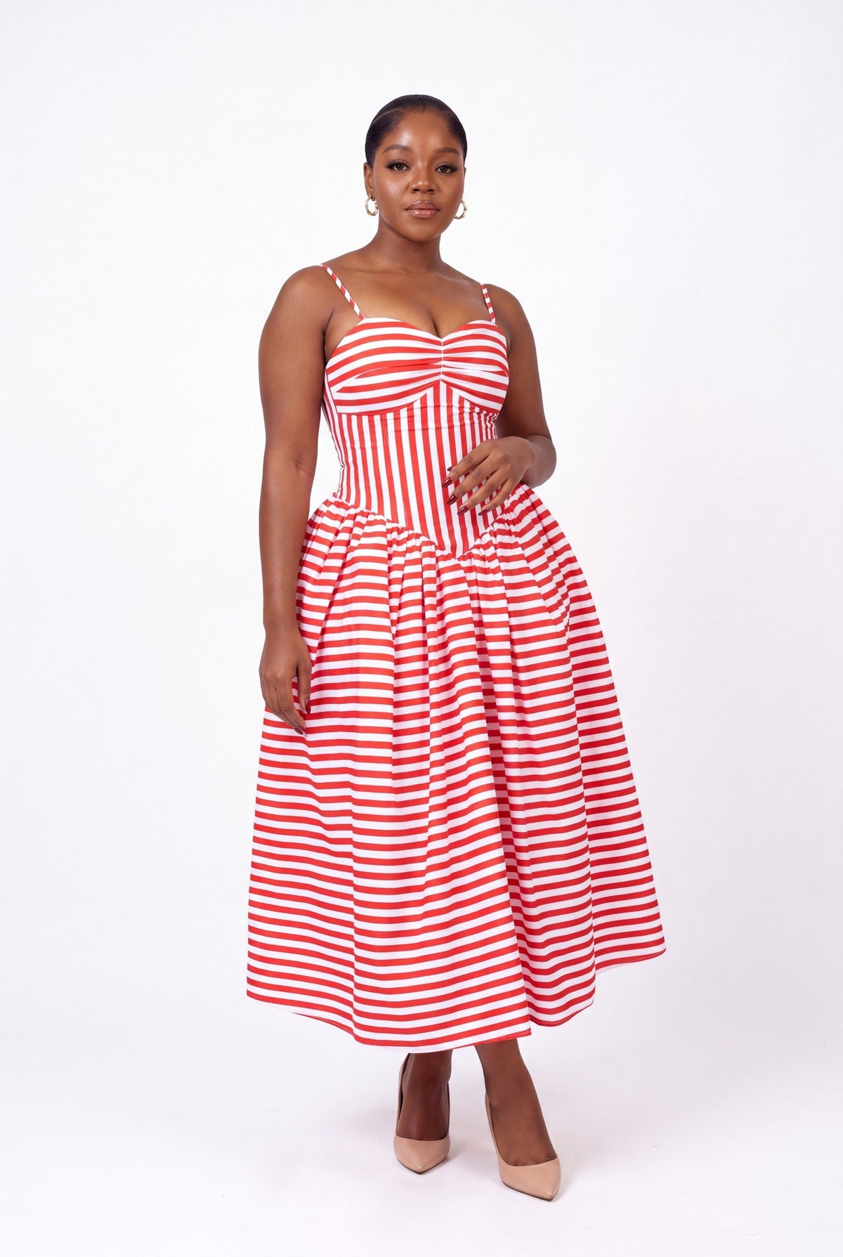 Lucie Striped Corset Midi Dress - Red White Stripe
