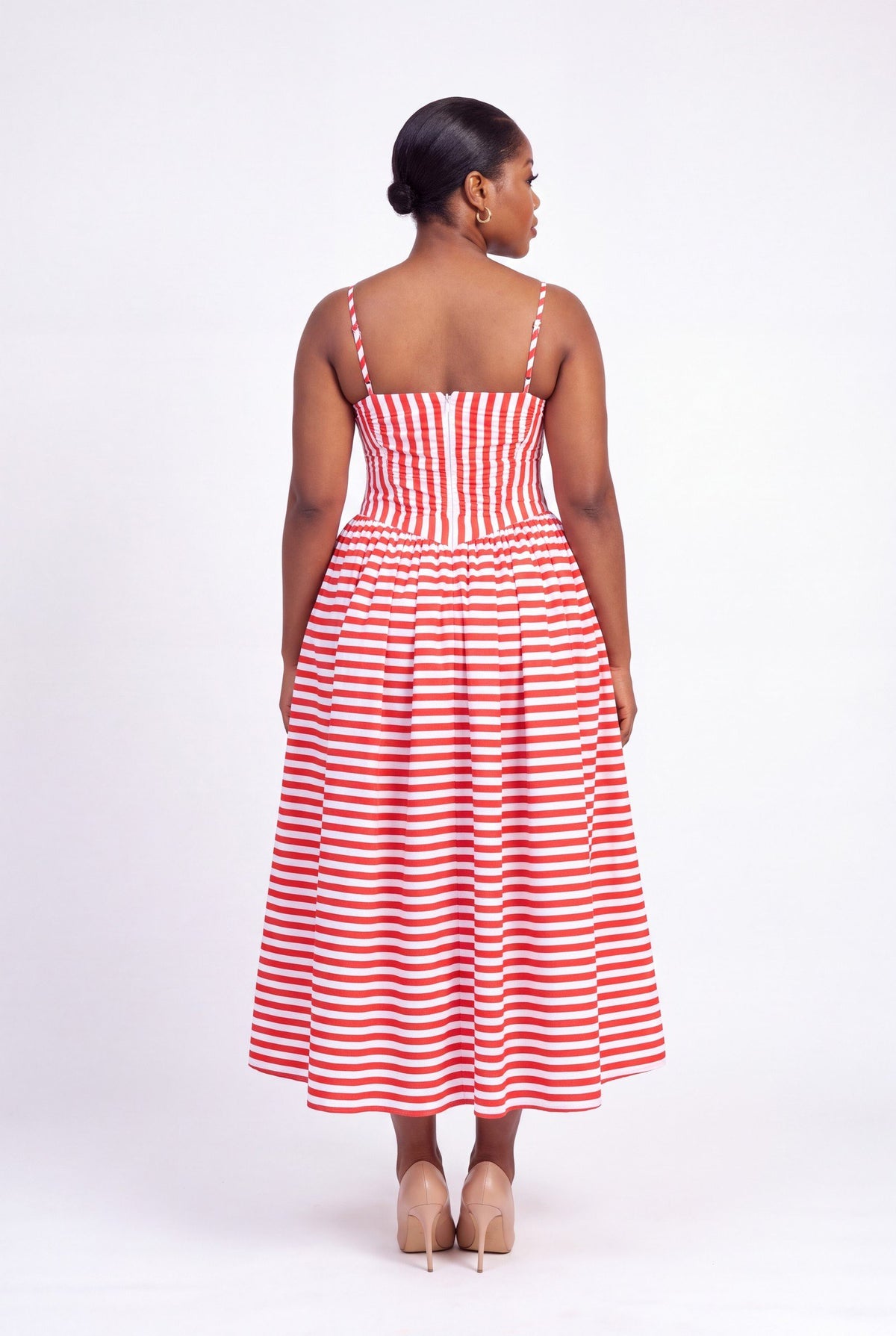 Lucie Striped Corset Midi Dress - Red White Stripe