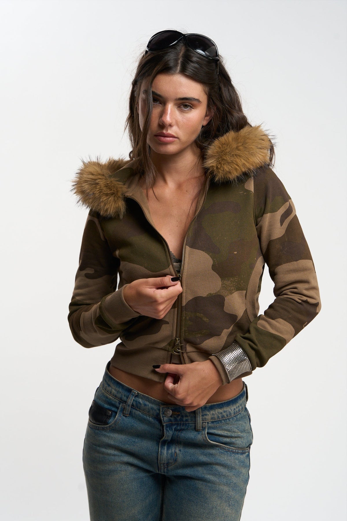 Maya Faux Fur Hood Camo Zip Jacket