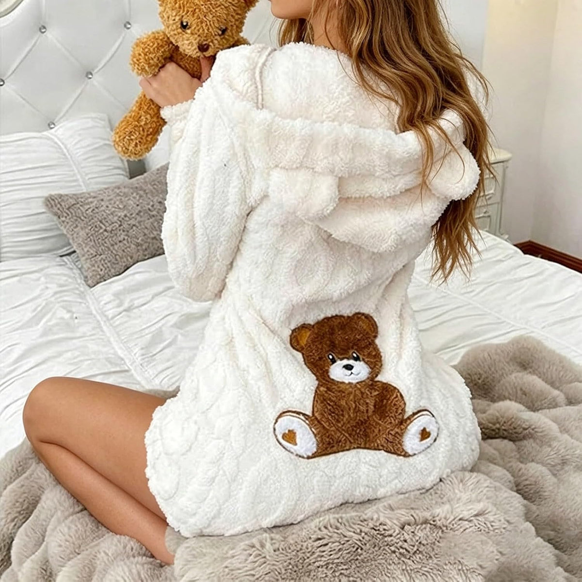 Nora Teddy Fleece Hooded Romper - Ivory