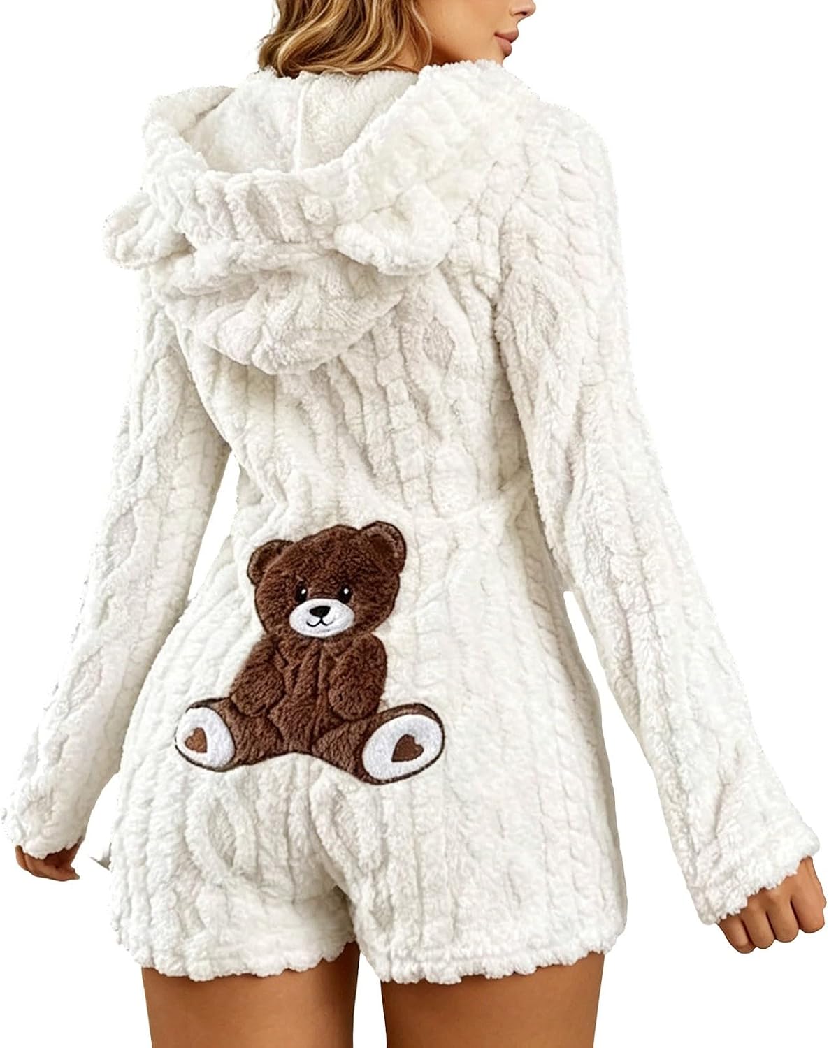 Nora Teddy Fleece Hooded Romper - Ivory