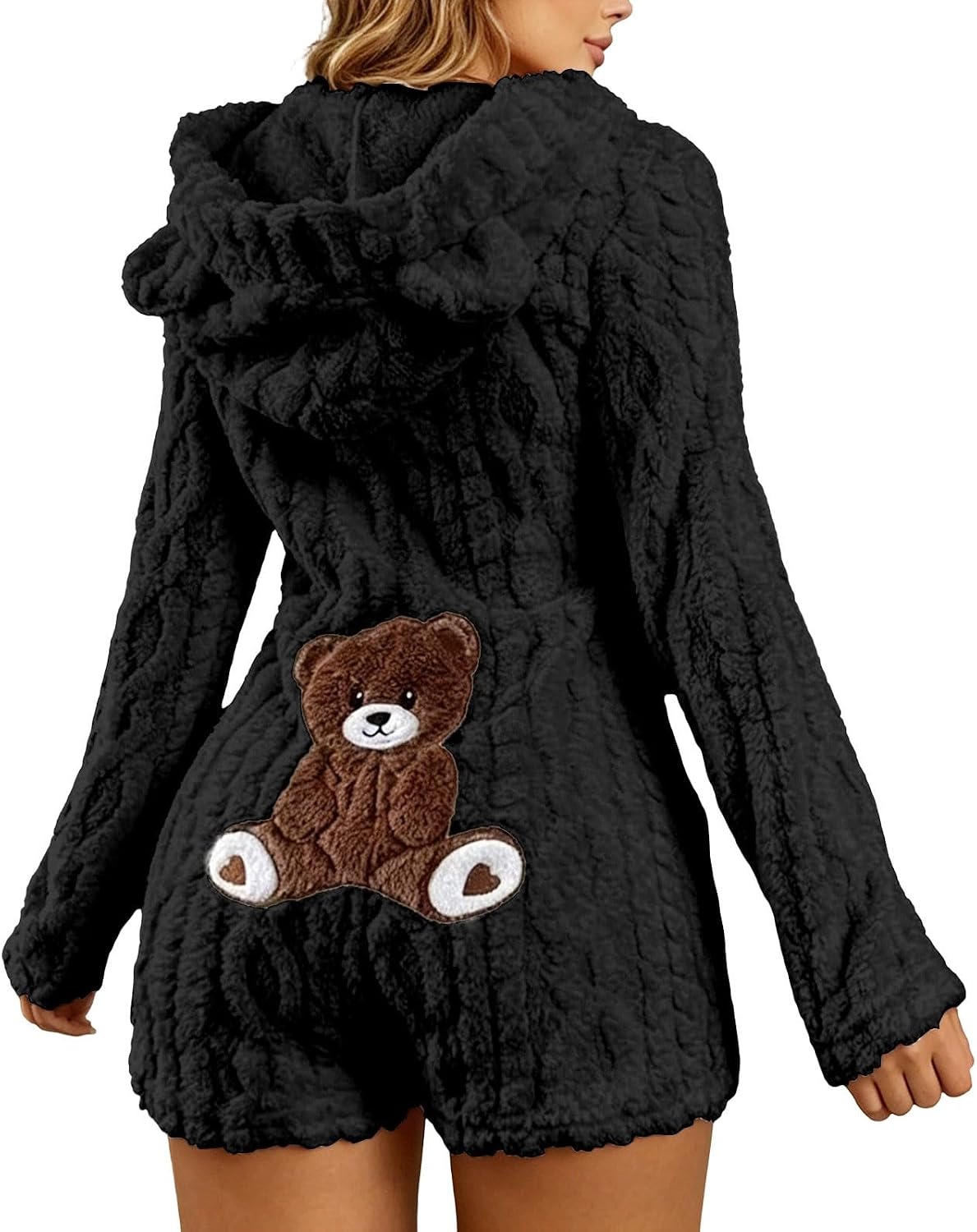 Nora Teddy Fleece Hooded Romper - Black