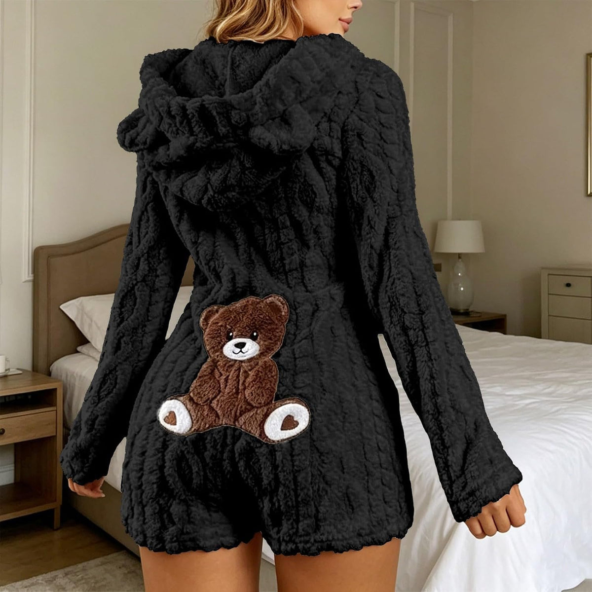 Nora Teddy Fleece Hooded Romper - Black