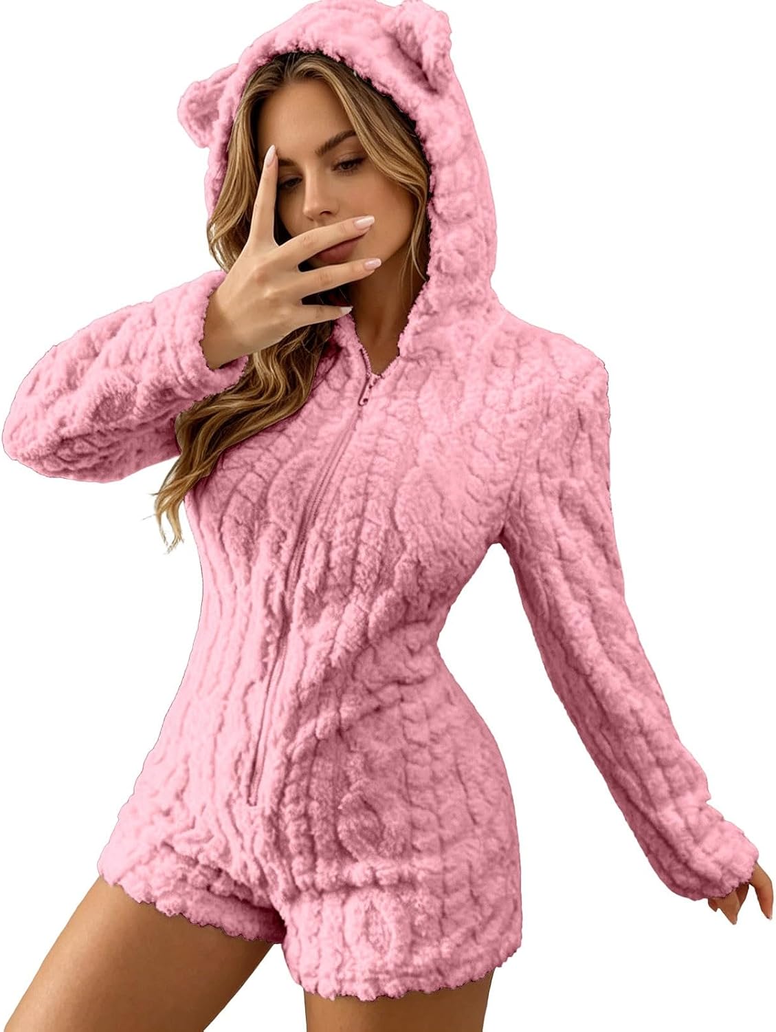 Nora Teddy Fleece Hooded Romper - Blush