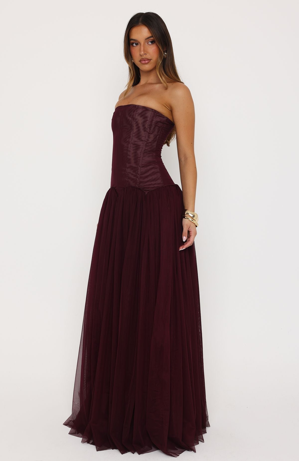 Odette Tulle Corset Maxi Dress - Burgundy