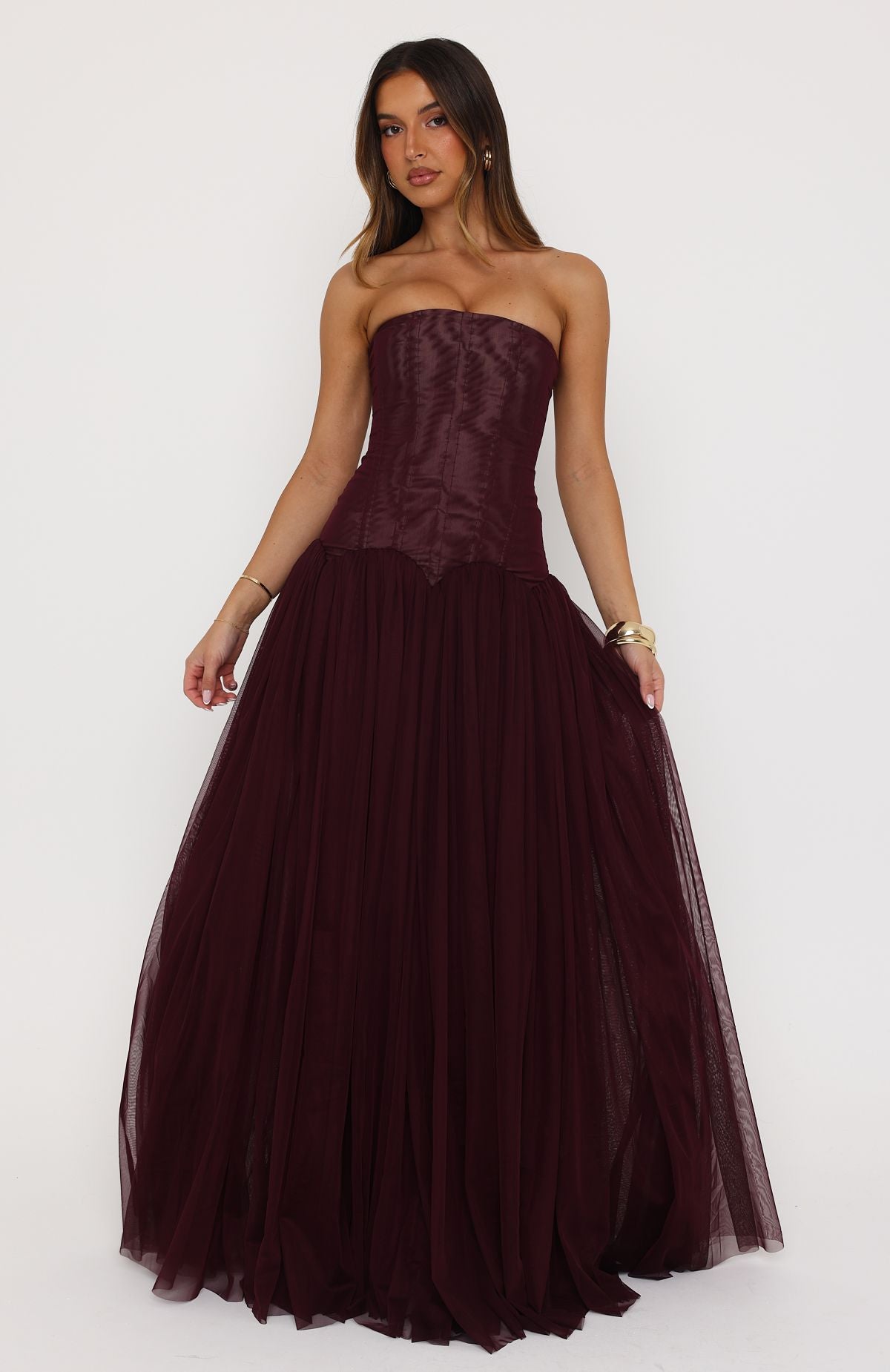 Odette Tulle Corset Maxi Dress - Burgundy